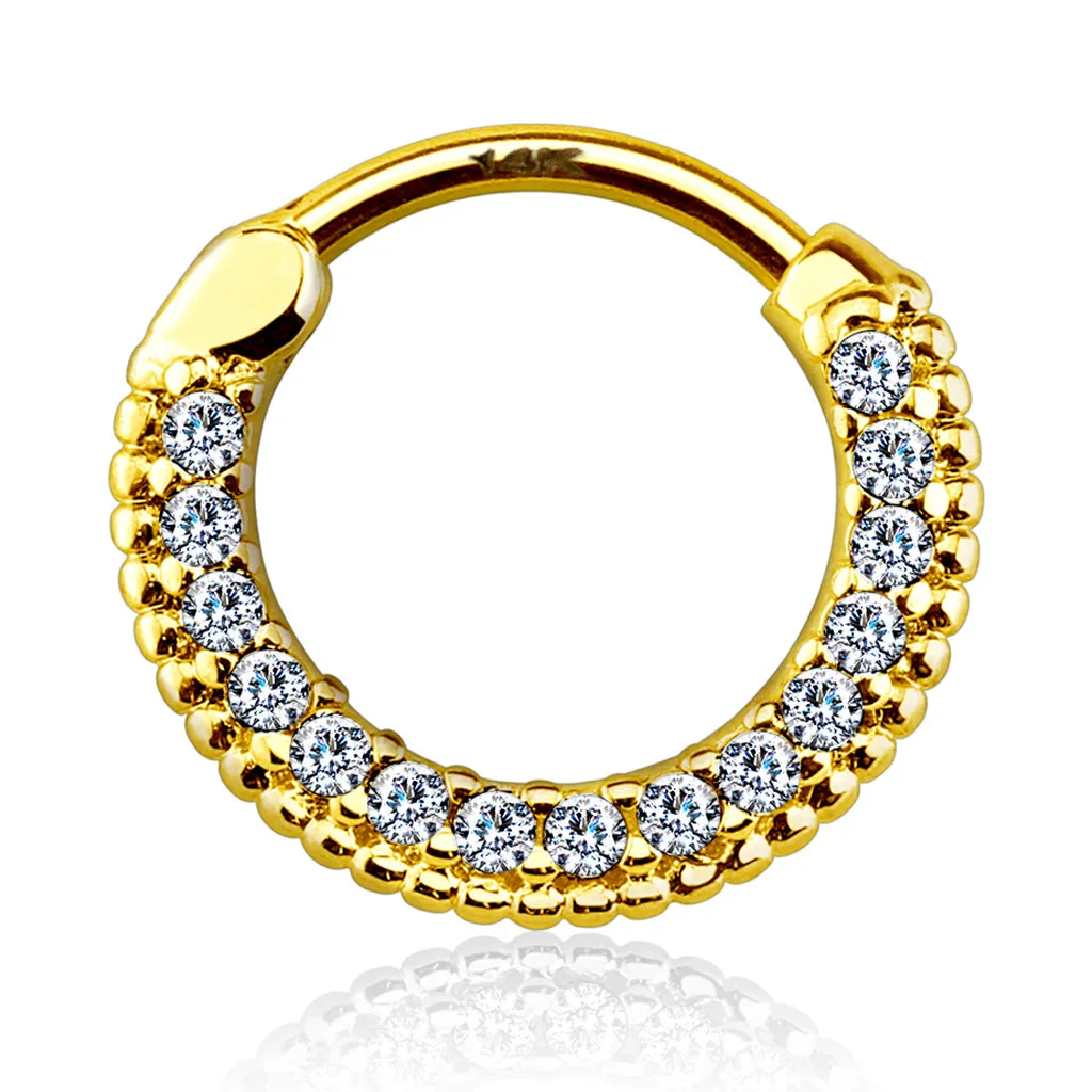 14K Solid Gold Round CZ Nose Ring Septum Clicker Daith