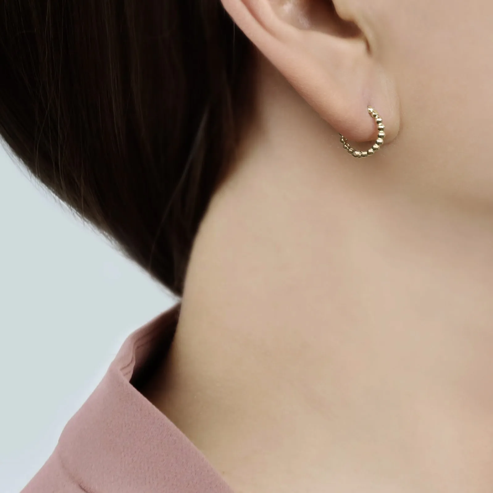 14k Solid Gold Small Ball Hoop Earring