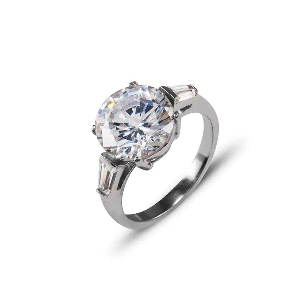 14k White Gold Round Cut with Baguettes Ring