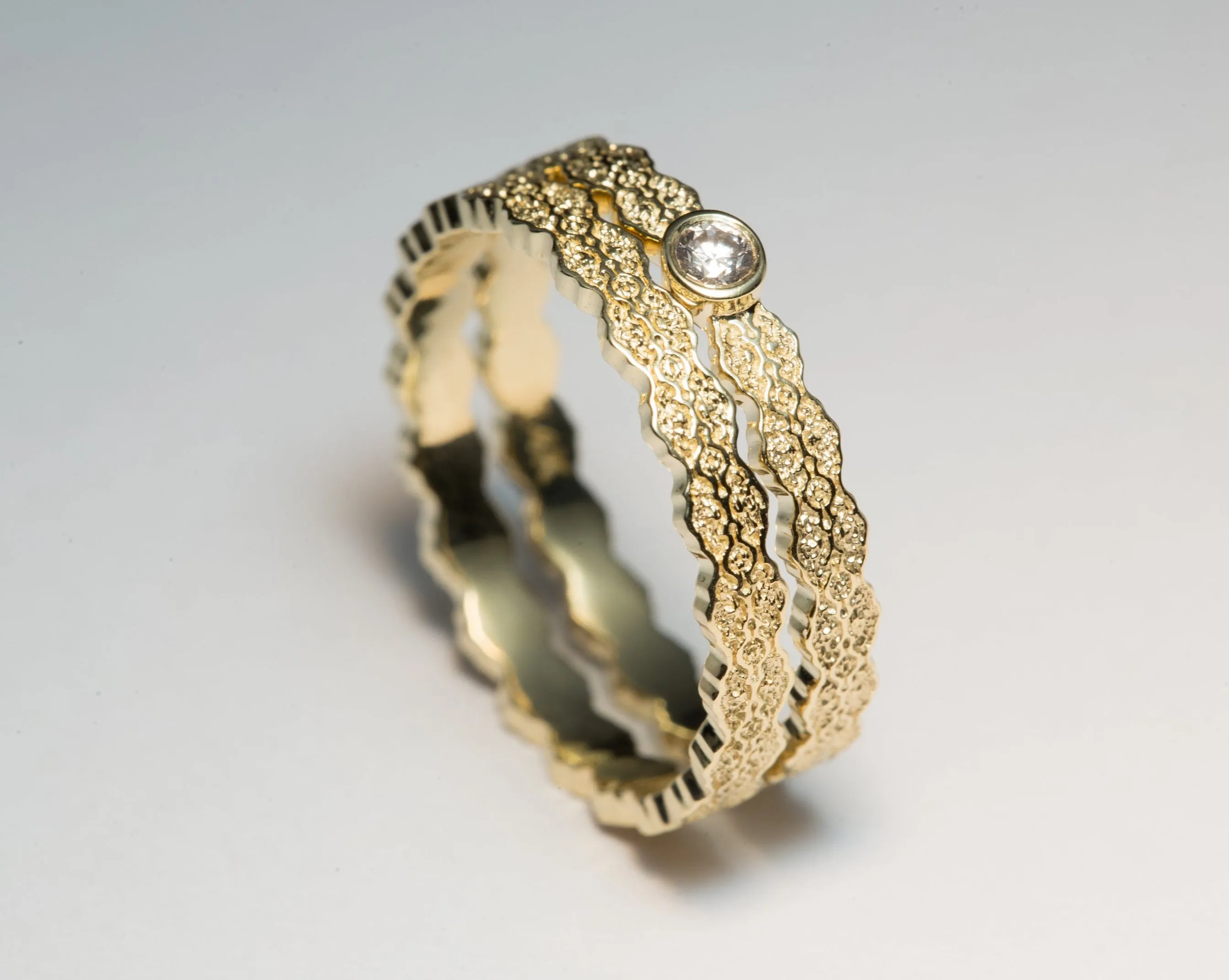 14K Yellow Gold Lace Diamond Engagement and Wedding Ring Set - Size 7