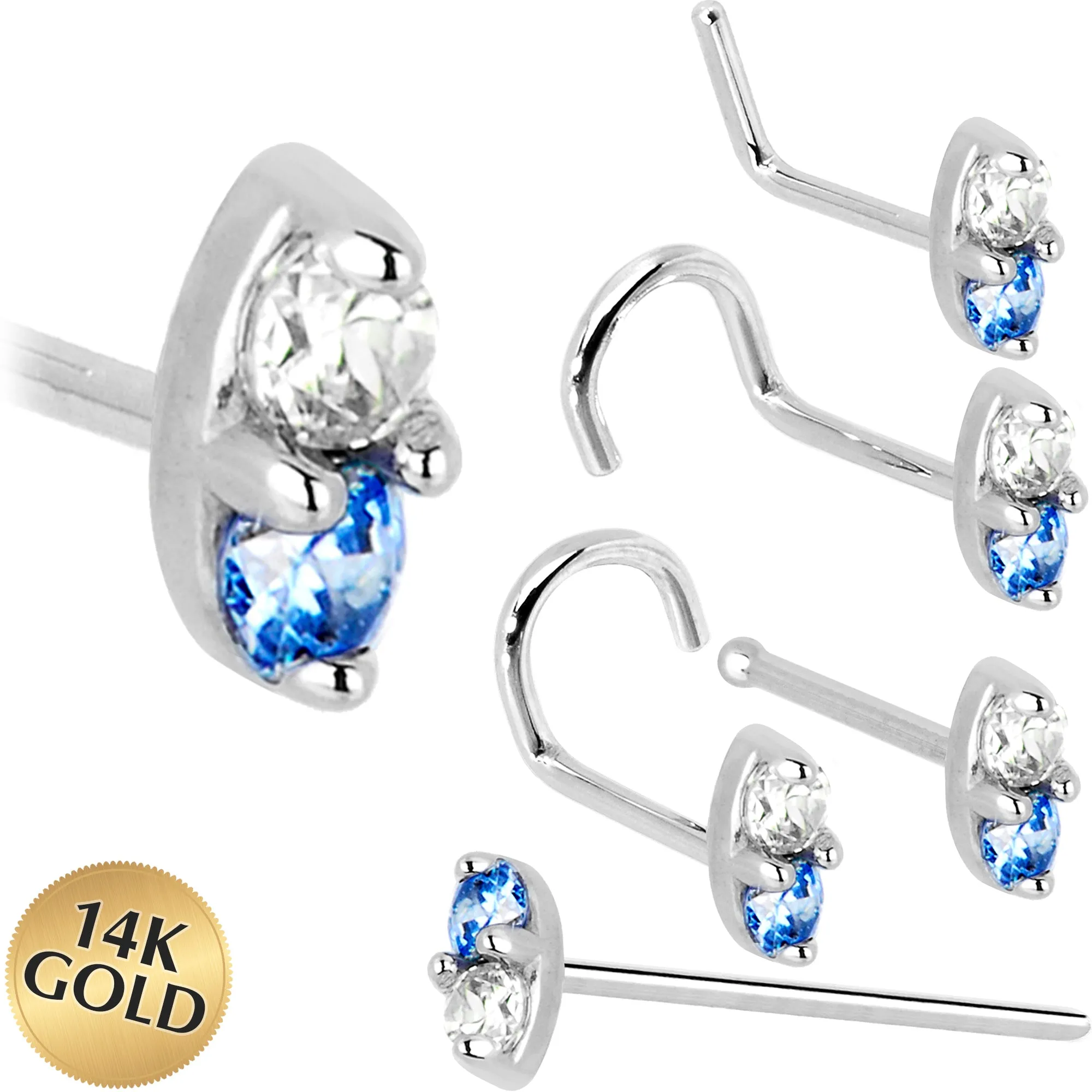 14kt White Gold Arctic Blue 1.5mm CZ Marquise Nose Ring