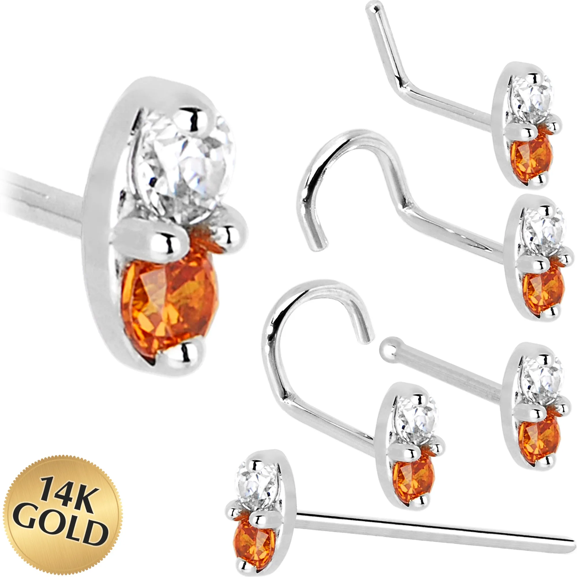 14kt White Gold Orange 1.5mm CZ Marquise Nose Ring