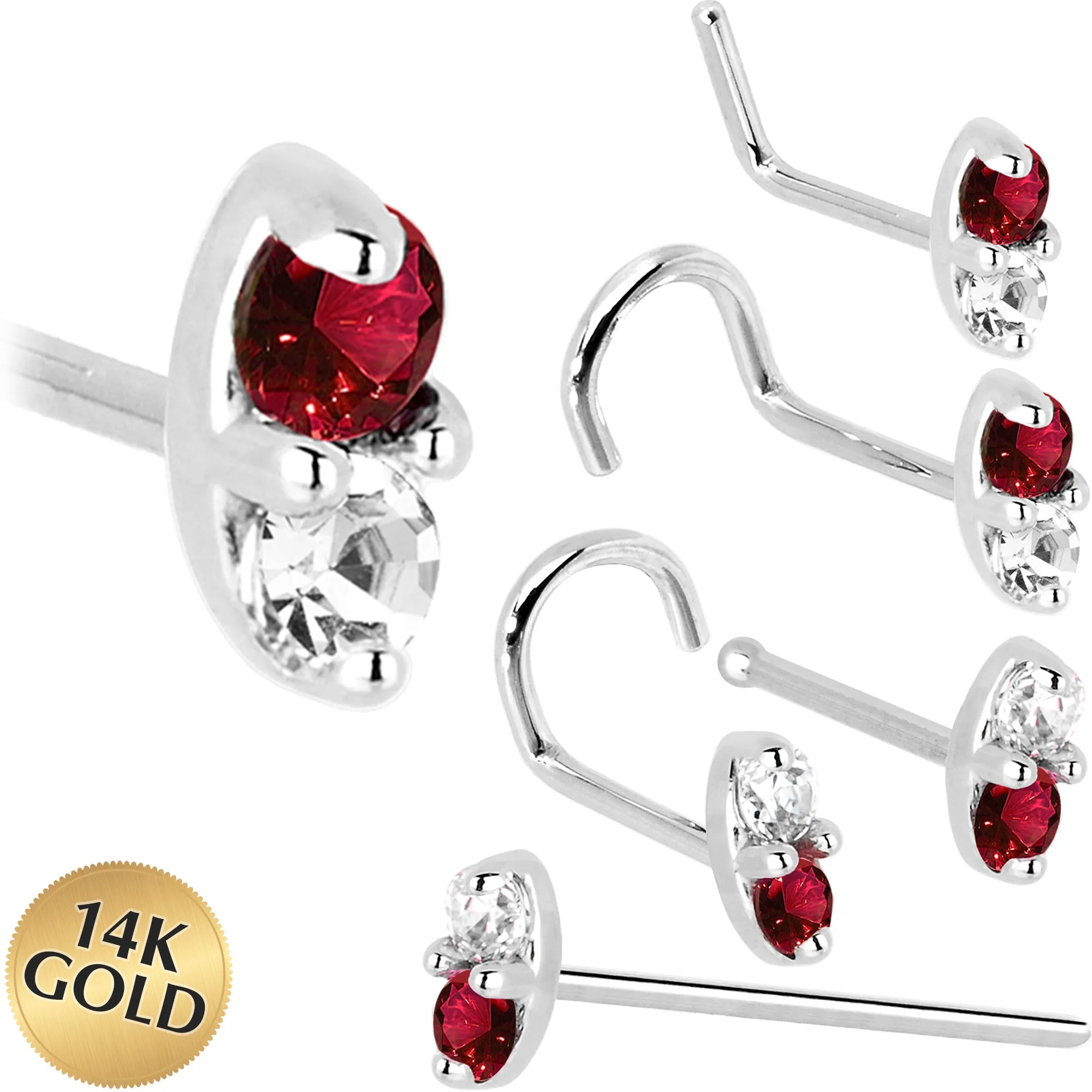 14kt White Gold Red 1.5mm CZ Marquise Nose Ring