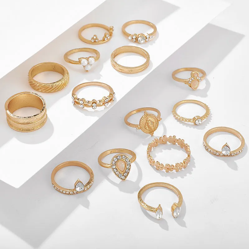 15PCS Beaded Studded Rings Set