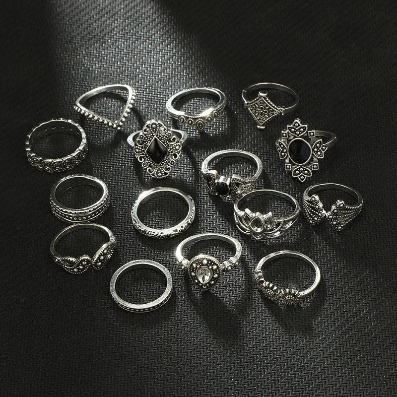 15PCS Hollow Out Studded Rings Set