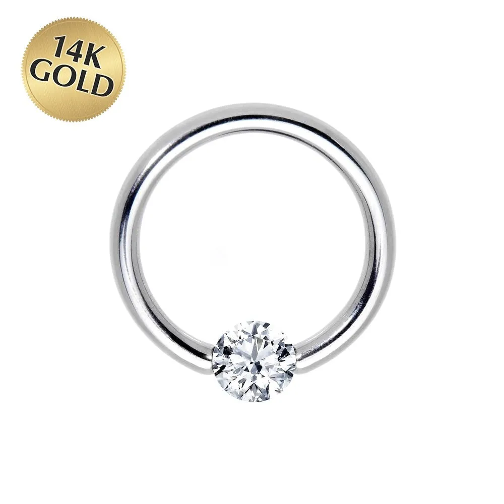 16 Gauge 1/2 Solid 14k White Gold 3mm Clear Cubic Zirconia Tension Captive Ring