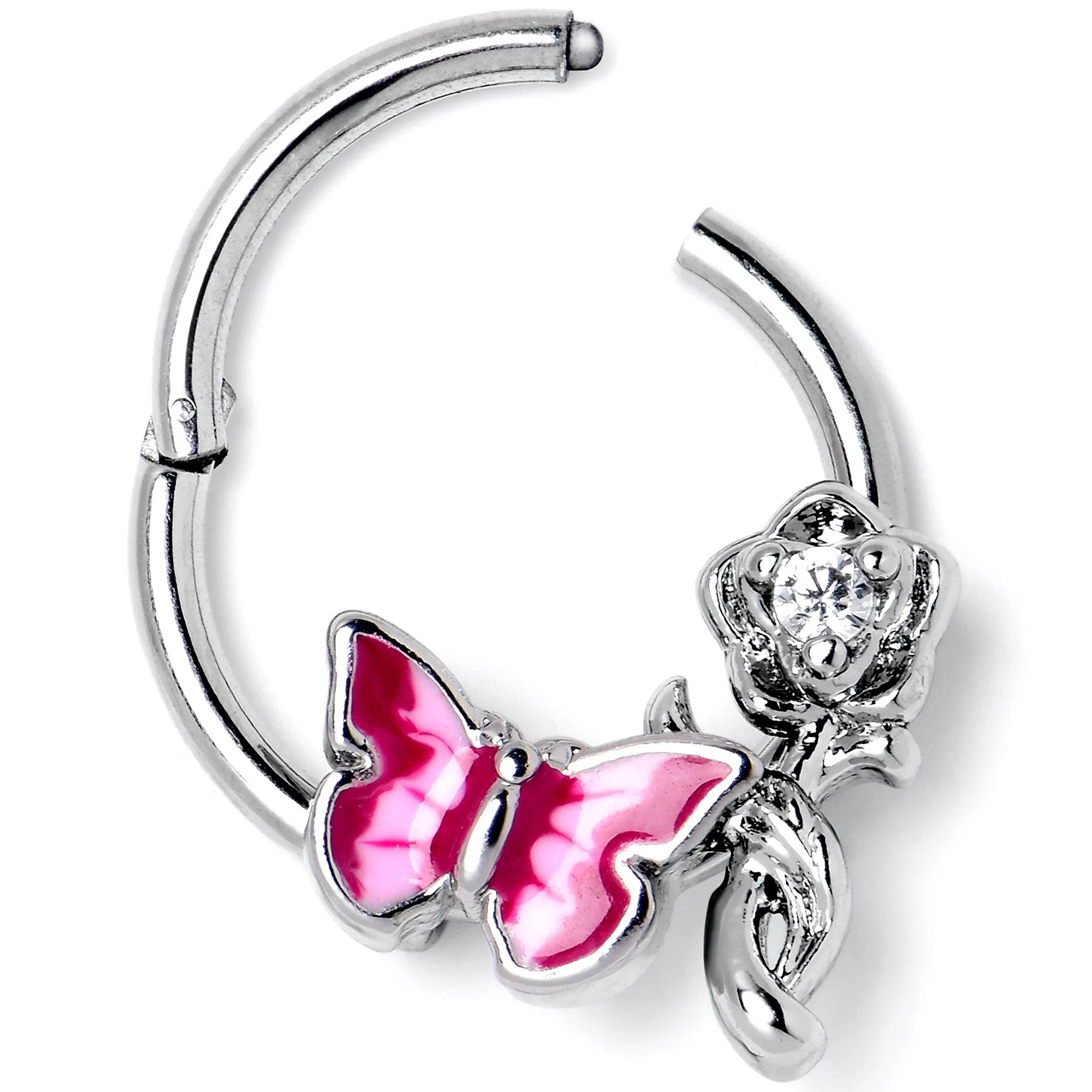 16 Gauge 3/8 Clear CZ Gem Butterfly Rose Flower Pink Hinged Segment Ring