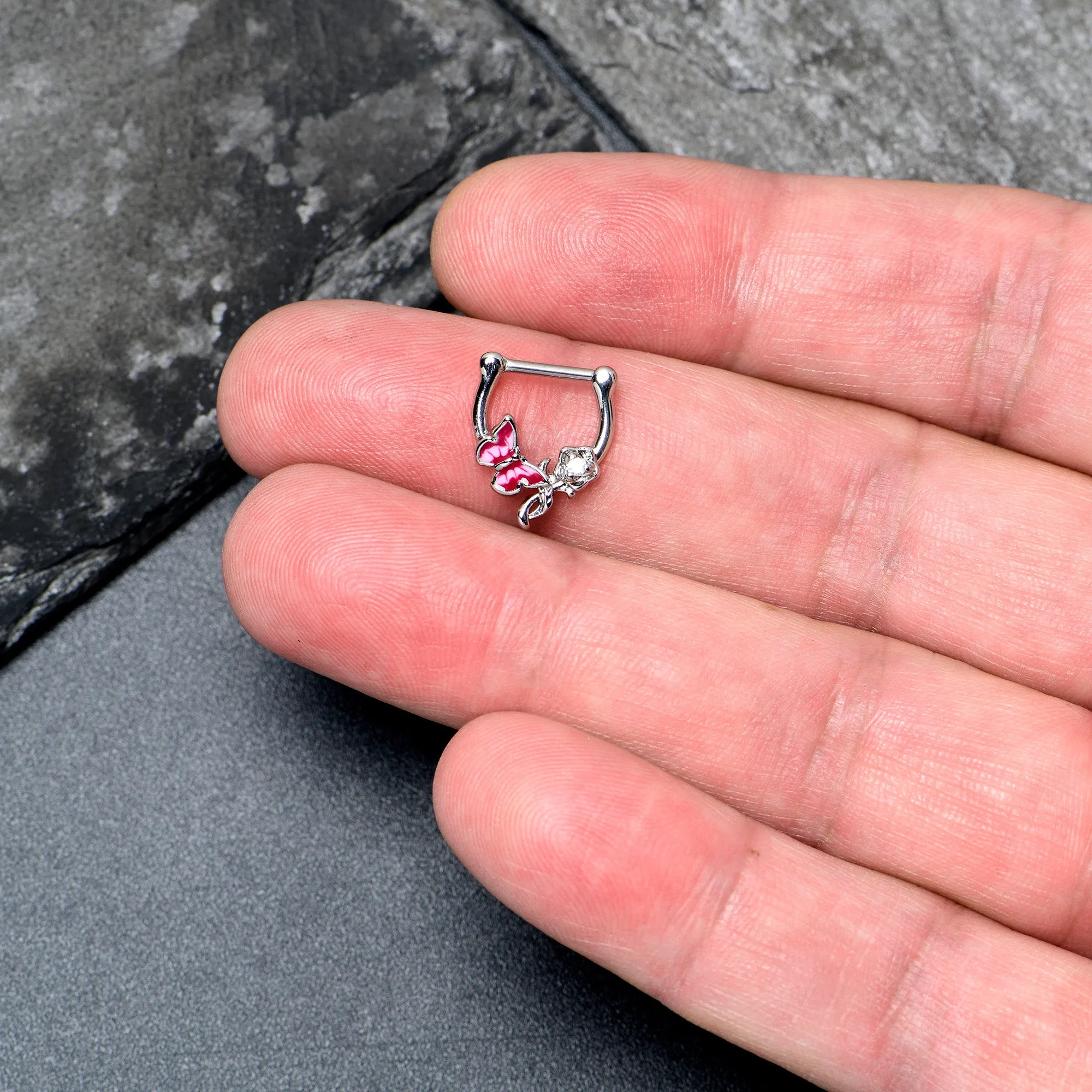 16 Gauge 5/6 Clear CZ Gem Butterfly Rose Flower Pink Cartilage Clicker