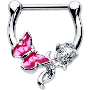 16 Gauge 5/6 Clear CZ Gem Butterfly Rose Flower Pink Cartilage Clicker