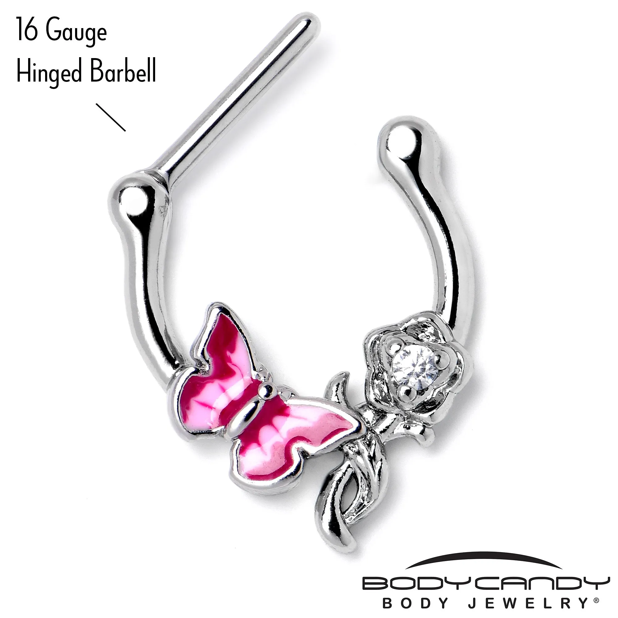 16 Gauge 5/6 Clear CZ Gem Butterfly Rose Flower Pink Cartilage Clicker