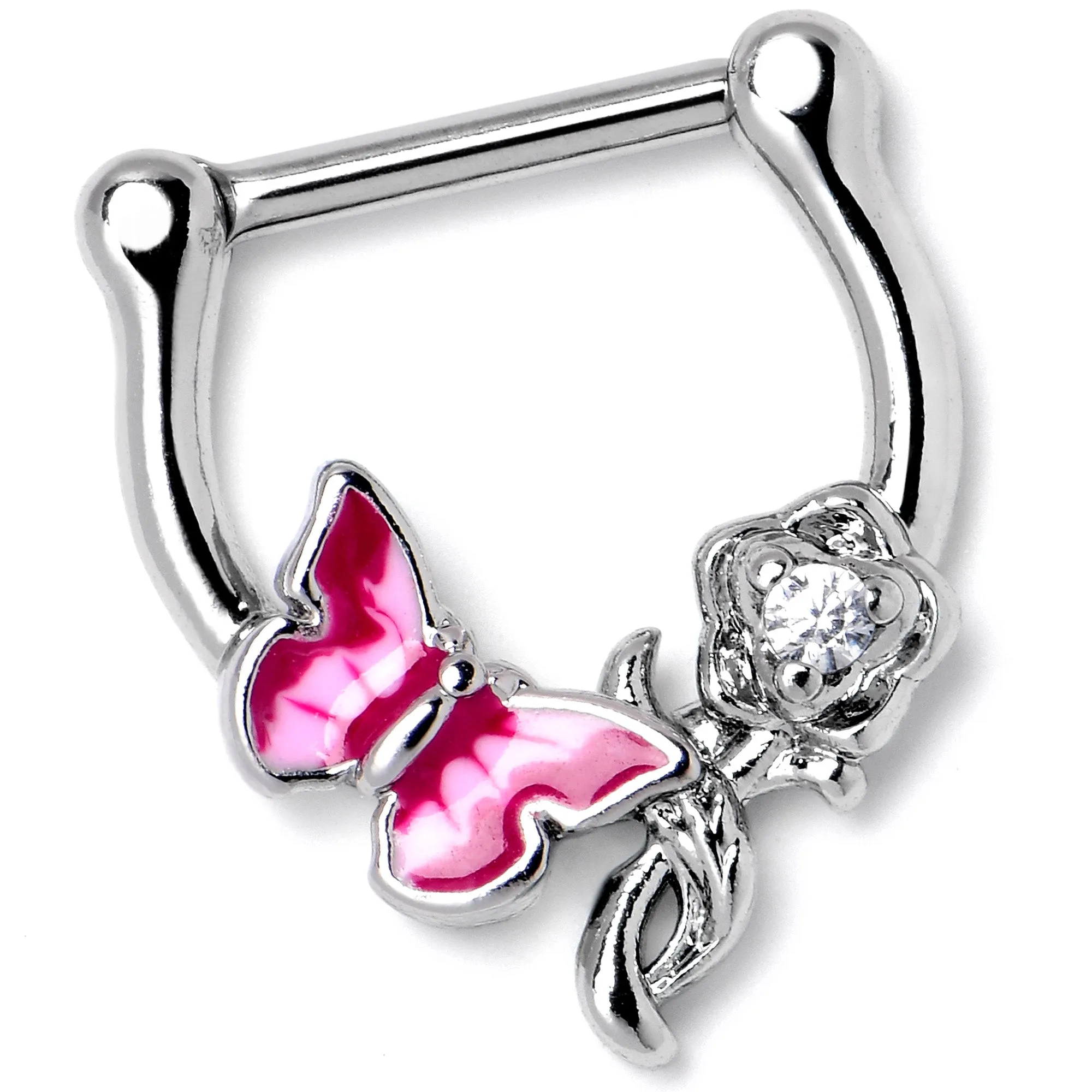 16 Gauge 5/6 Clear CZ Gem Butterfly Rose Flower Pink Cartilage Clicker