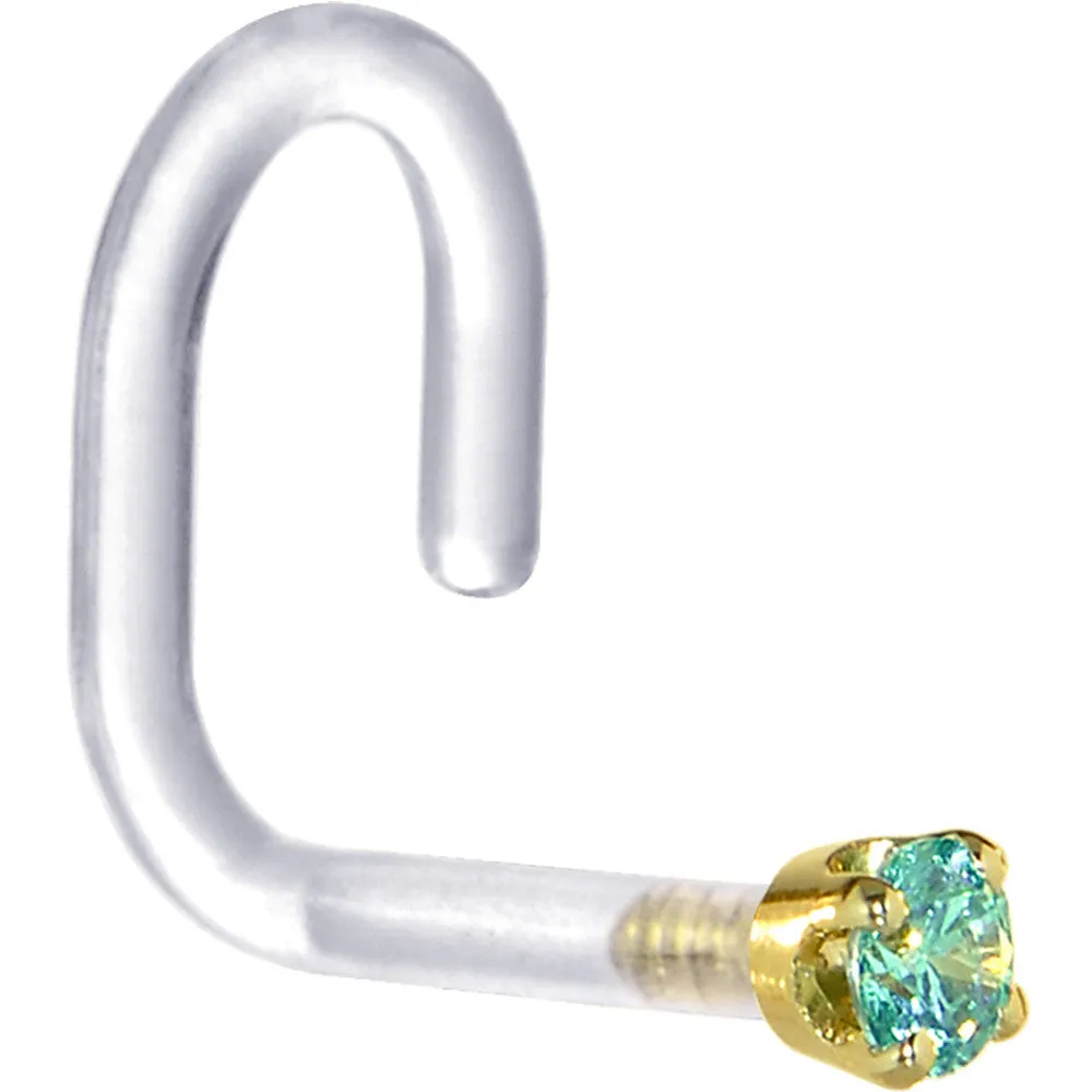 18 Gauge 1/4 Yellow Gold 1.5mm Mint Green Cubic Zirconia Bioplast Nose Ring
