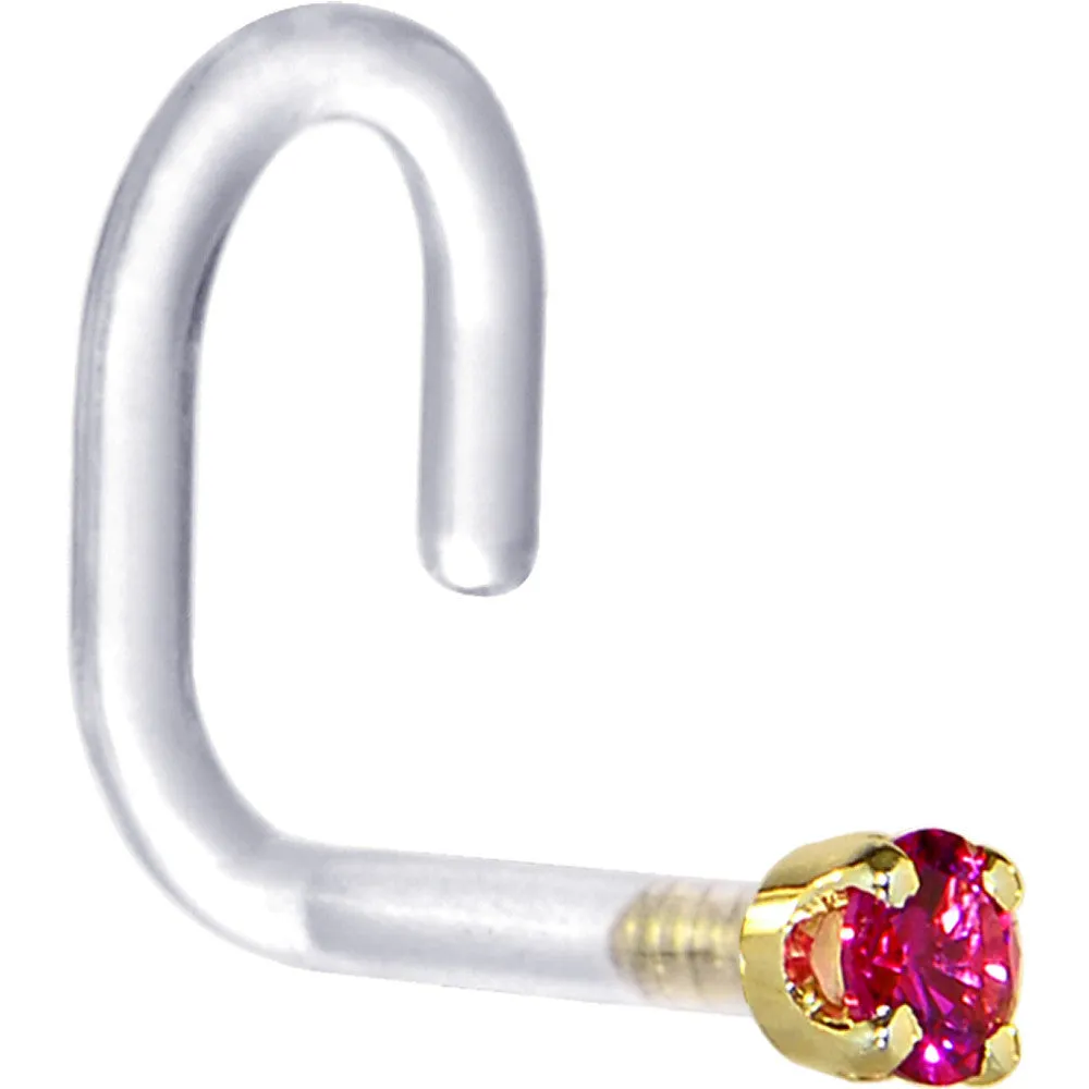 18 Gauge 1/4 Yellow Gold 1.5mm Red Cubic Zirconia Bioplast Nose Ring