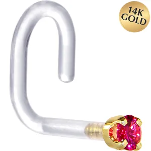 18 Gauge 1/4 Yellow Gold 1.5mm Red Cubic Zirconia Bioplast Nose Ring