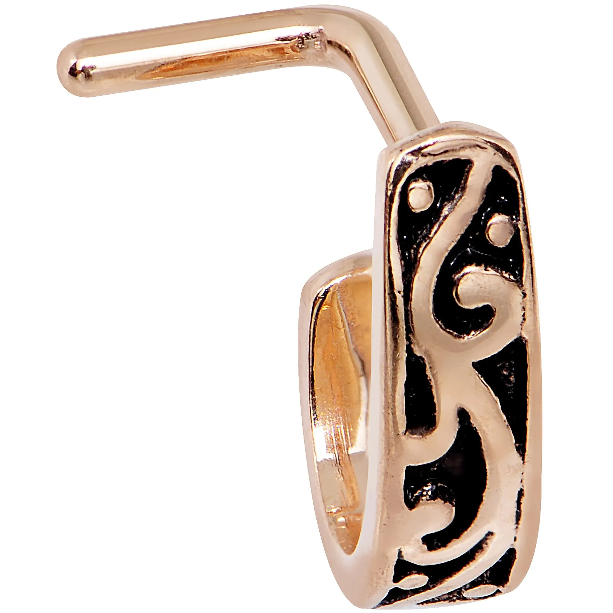 18 Gauge Rose Gold PVD Swirl Deco Faux Hoop L Shaped Nose Ring