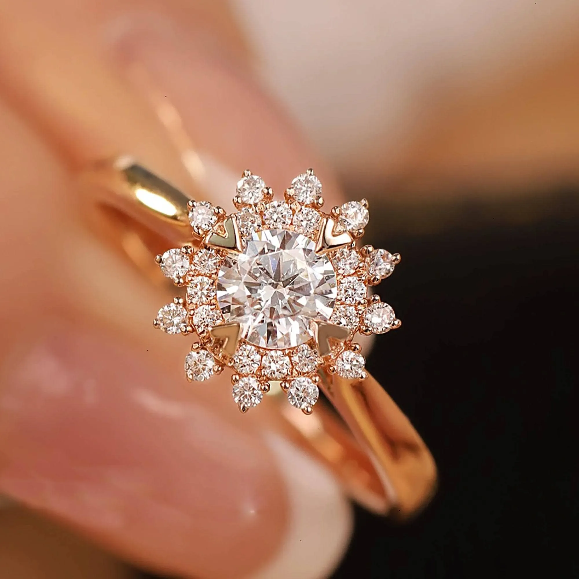 18k Art Deco Round Cut Diamond Sunflower Engagement Ring