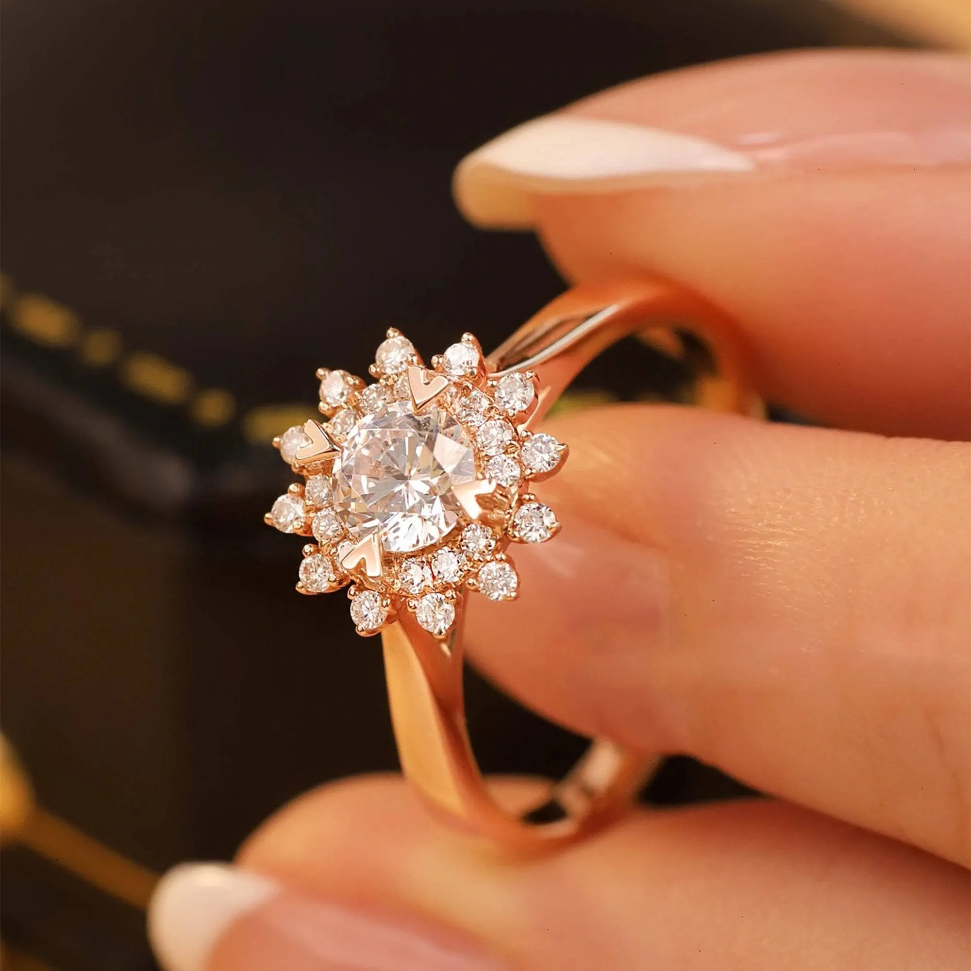 18k Art Deco Round Cut Diamond Sunflower Engagement Ring