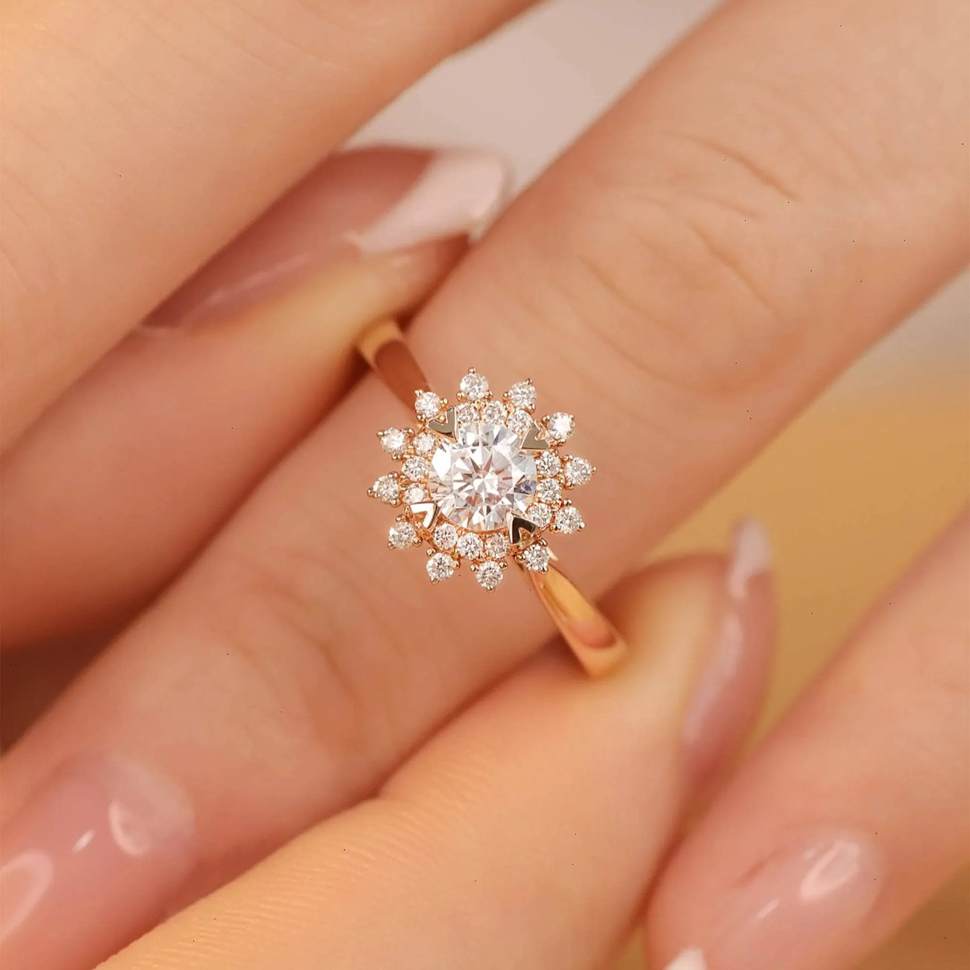 18k Art Deco Round Cut Diamond Sunflower Engagement Ring