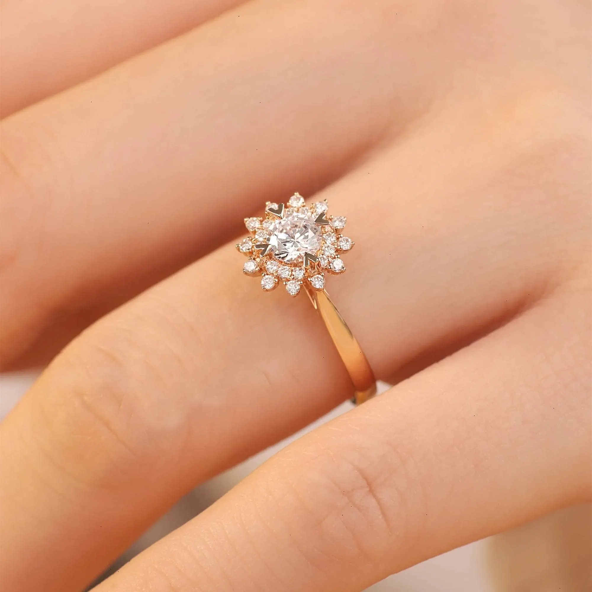 18k Art Deco Round Cut Diamond Sunflower Engagement Ring