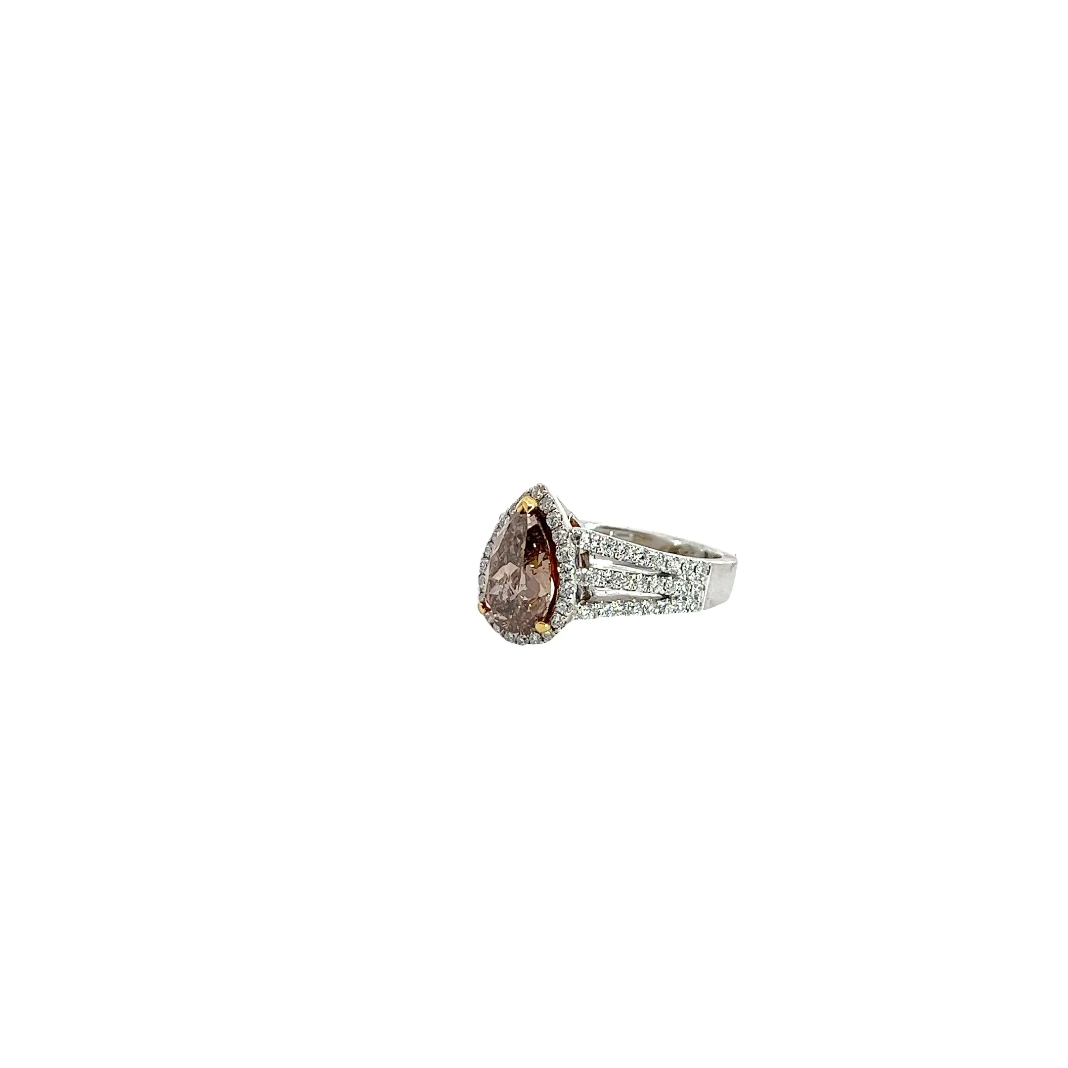 18k white gold 2.18ct  Pear Shaped Fancy Dark Orange Brown Chocolate Diamond and Surround by 3 Rows of .83ct F VS2 Round Diamond Engagement Ring Certified By GIA # 2101636068