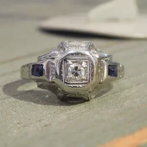 18K White Gold Diamond and Sapphire Art Deco Engagement Ring