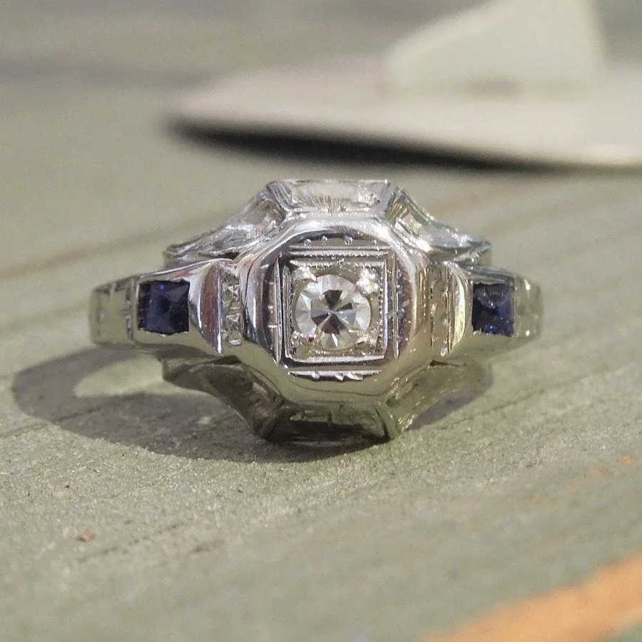 18K White Gold Diamond and Sapphire Art Deco Engagement Ring