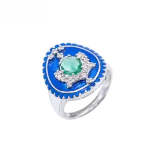 18K White Gold Natural Emerald and Diamond Ring