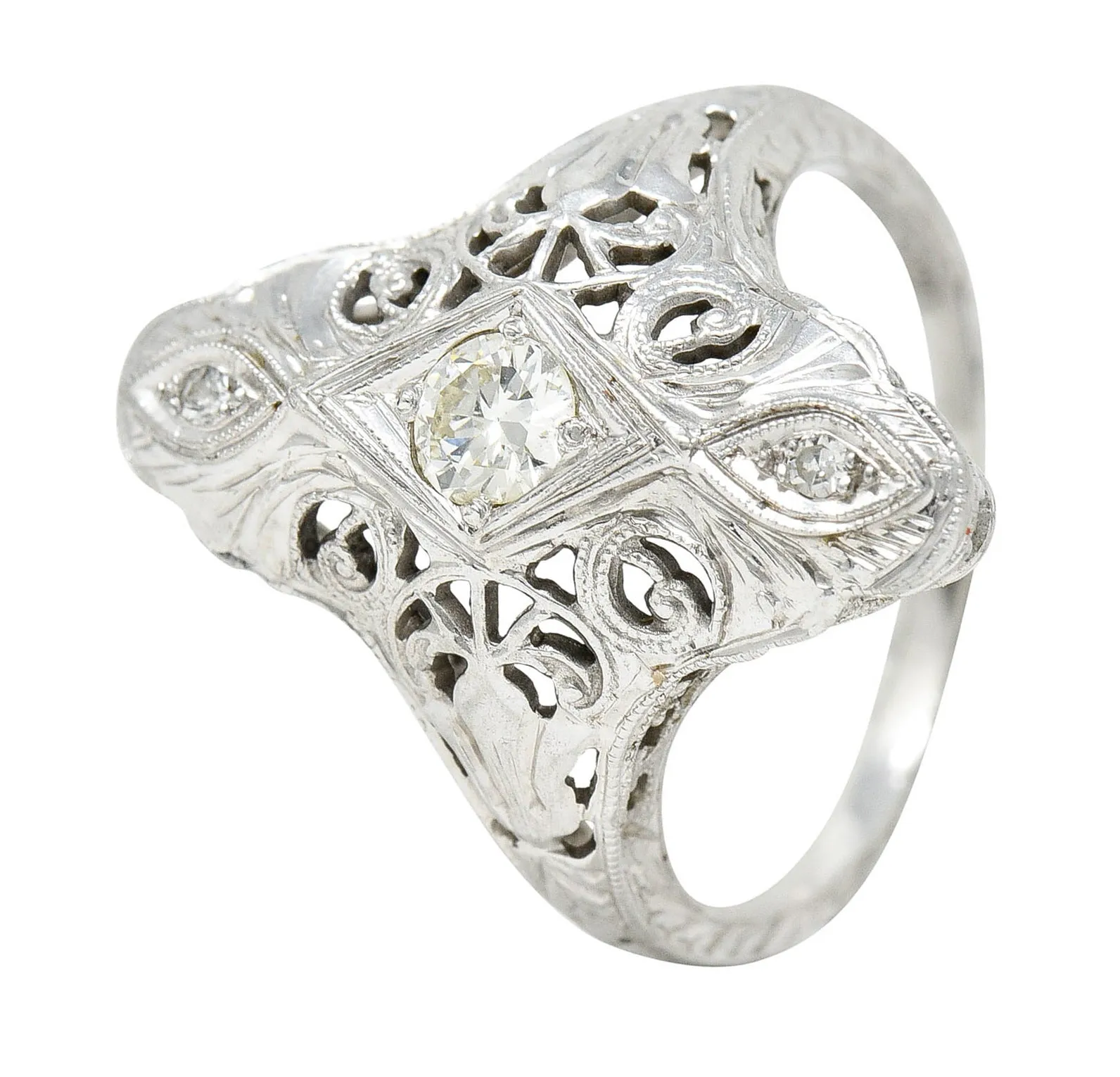 1920's Art Deco 0.30 CTW Diamond 18 Karat White Gold Lotus Dinner Ring