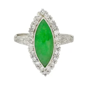 1930's Art Deco Jade Diamond Platinum Navette Cluster Ring