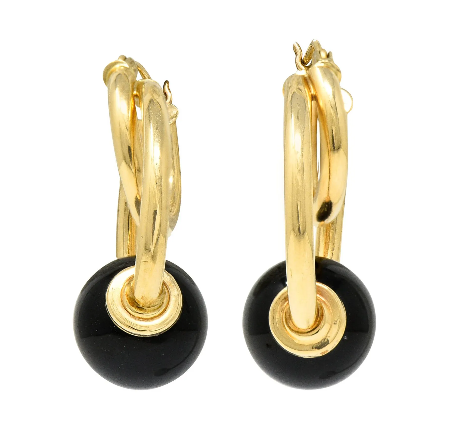 1980's Vintage Onyx 14 Karat Gold Hoop Earrings