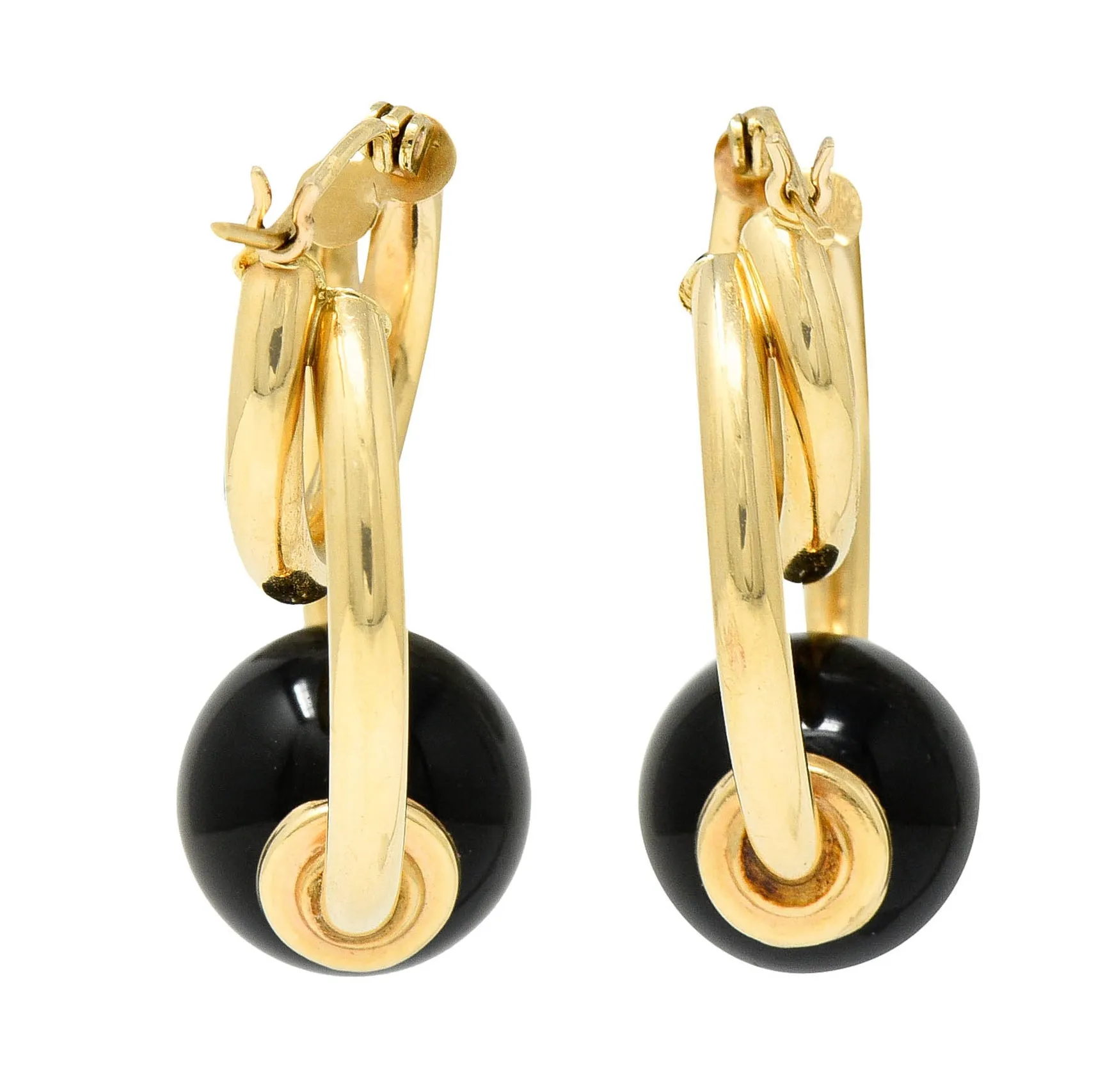 1980's Vintage Onyx 14 Karat Gold Hoop Earrings