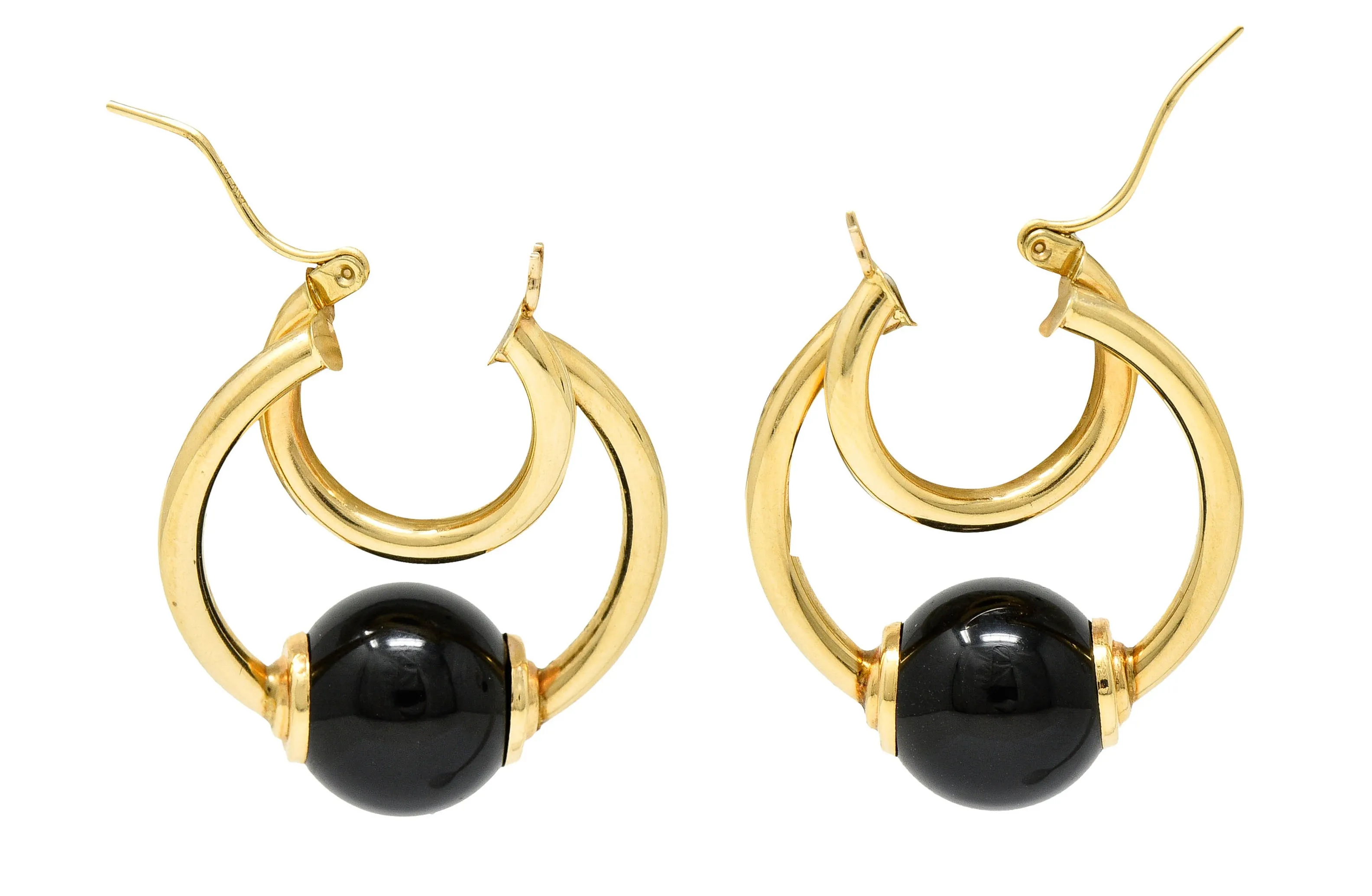 1980's Vintage Onyx 14 Karat Gold Hoop Earrings