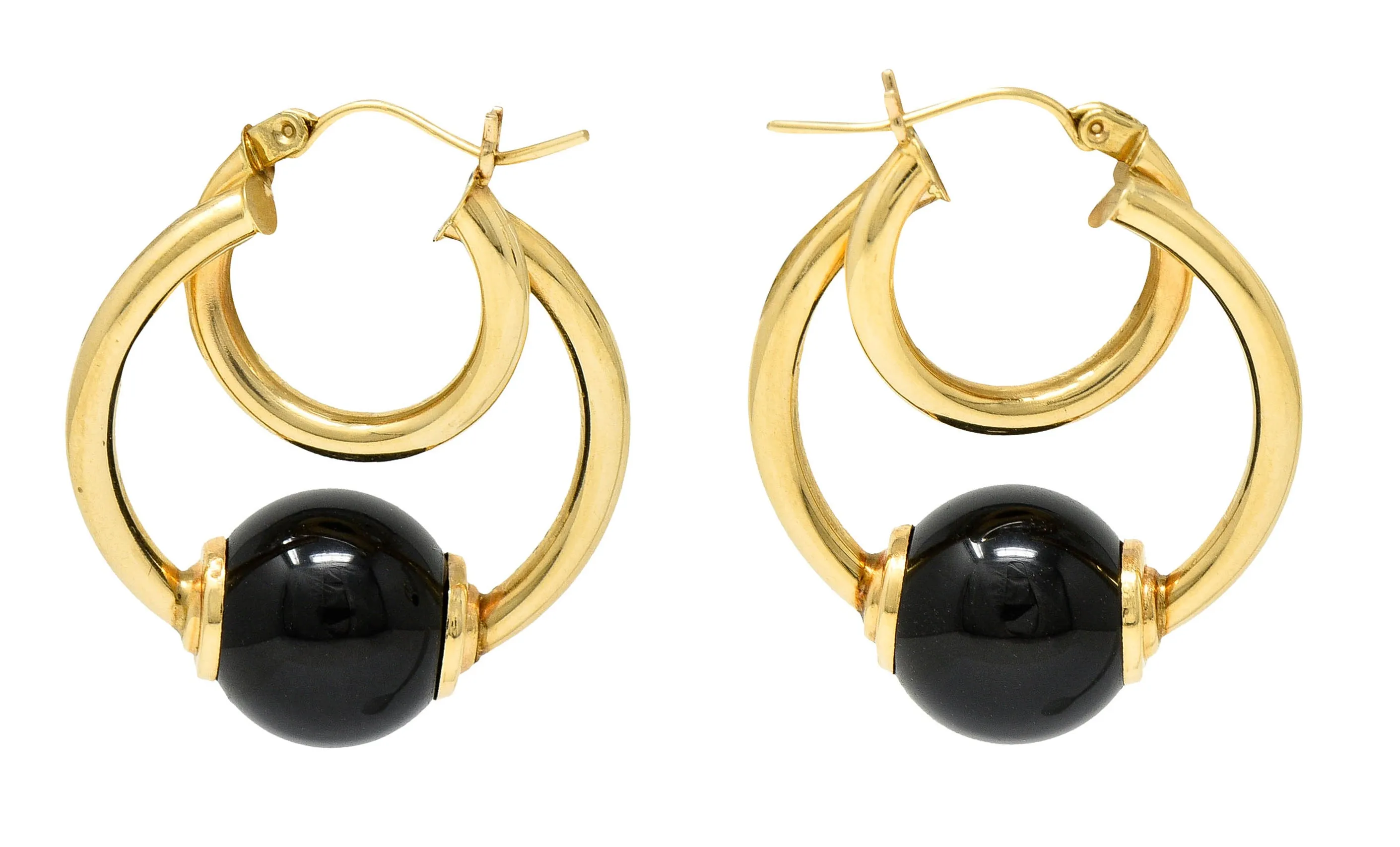 1980's Vintage Onyx 14 Karat Gold Hoop Earrings