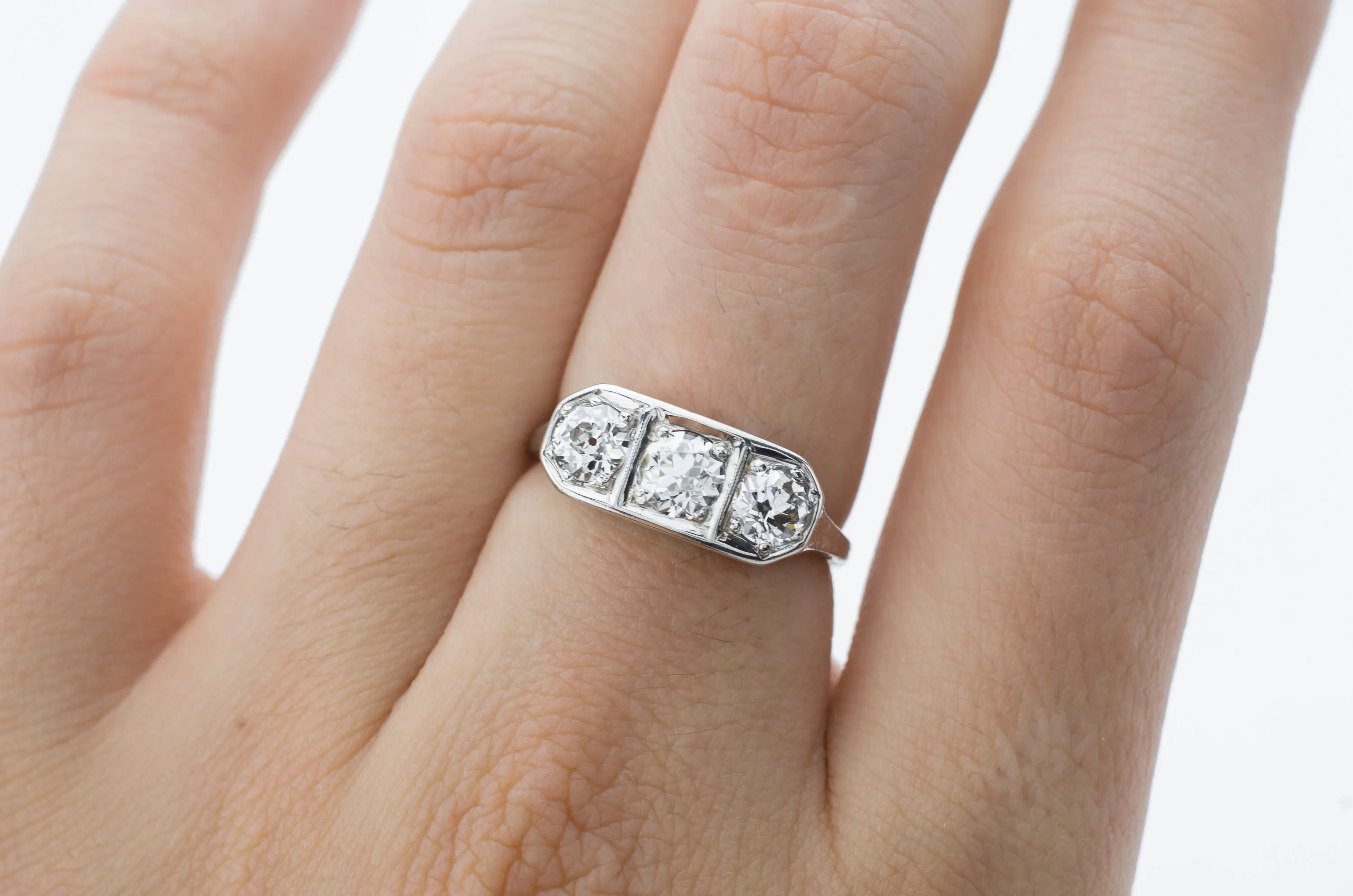 1CTW ART DECO THREE STONE DIAMOND RING