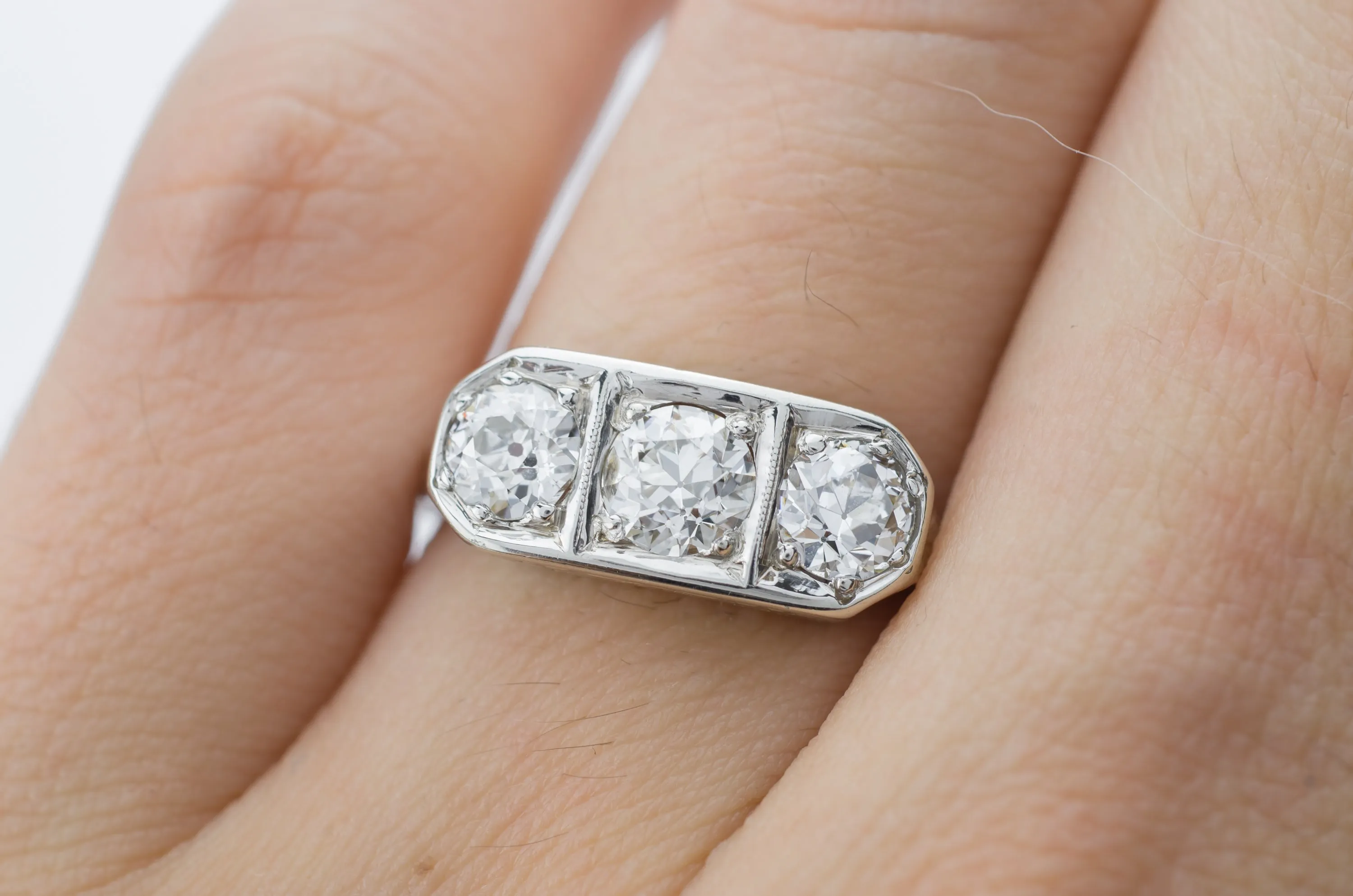 1CTW ART DECO THREE STONE DIAMOND RING
