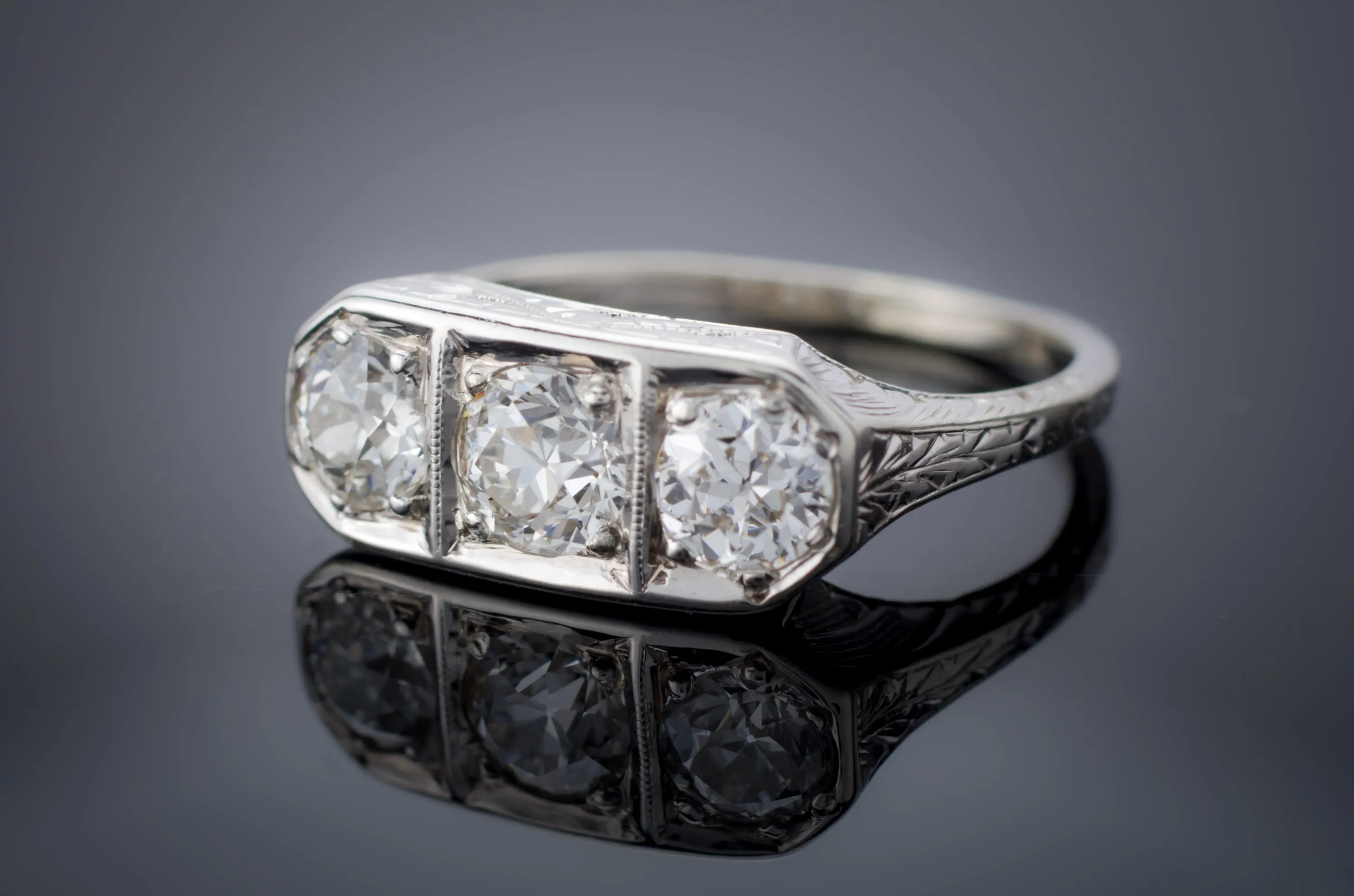 1CTW ART DECO THREE STONE DIAMOND RING