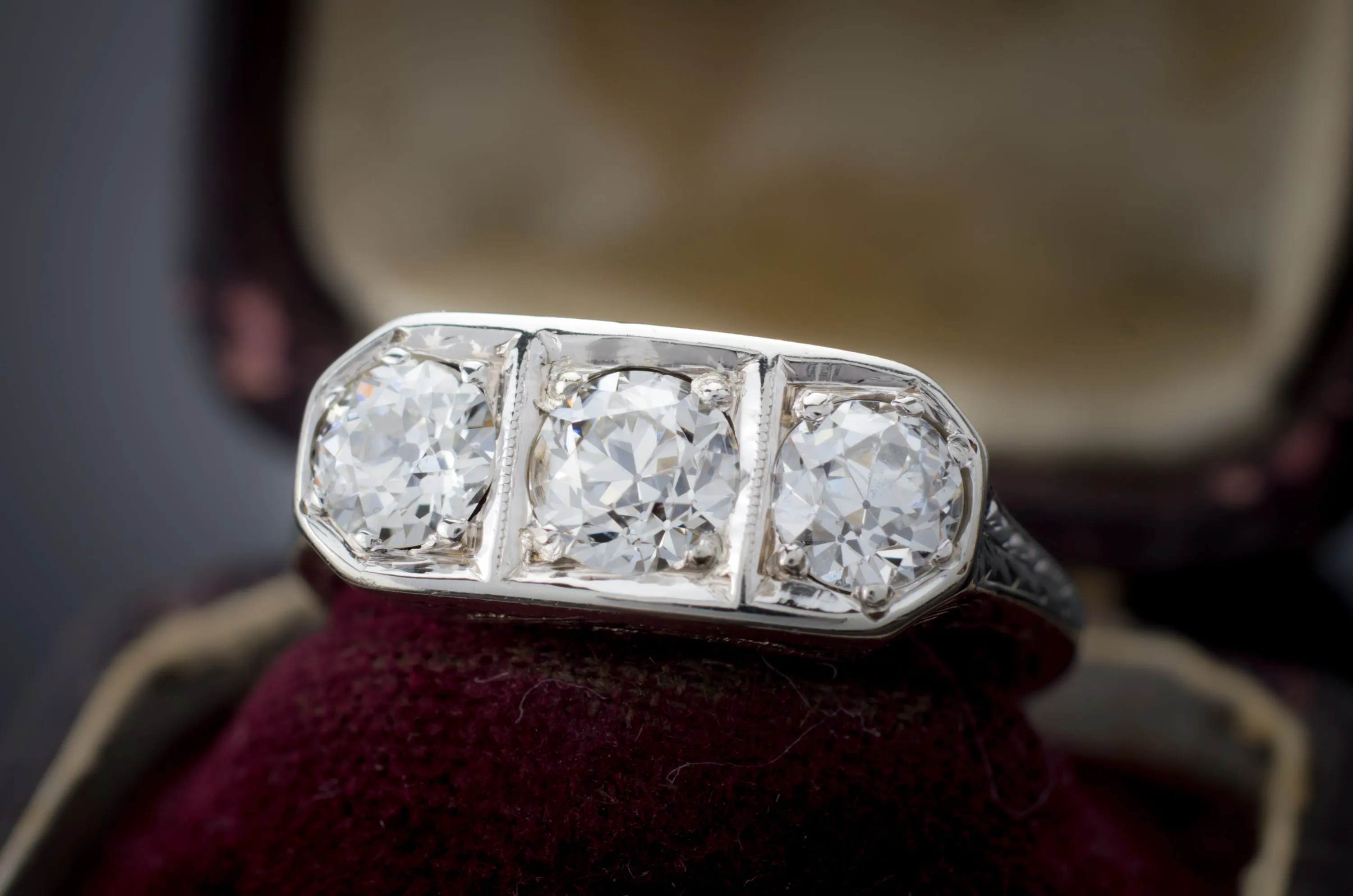 1CTW ART DECO THREE STONE DIAMOND RING
