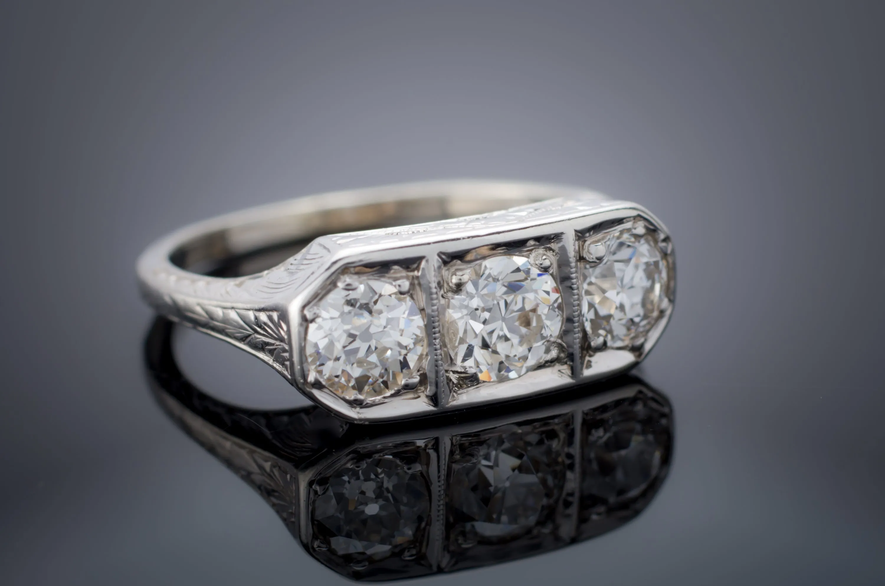 1CTW ART DECO THREE STONE DIAMOND RING
