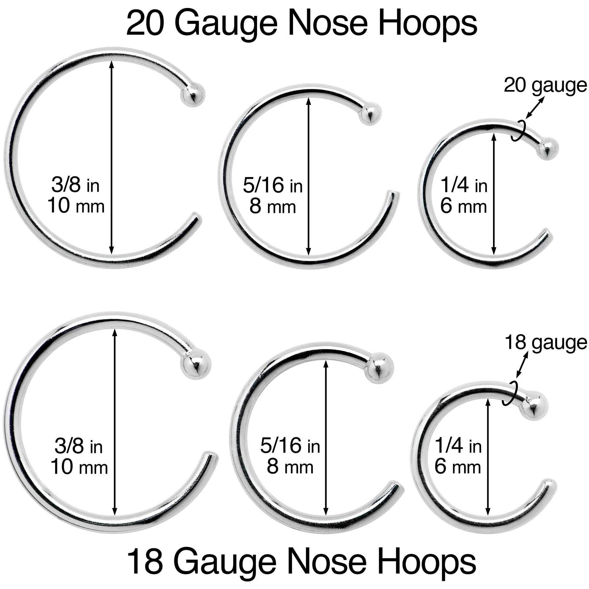 20 Gauge 1/4 14kt Solid White Gold Nose Hoop