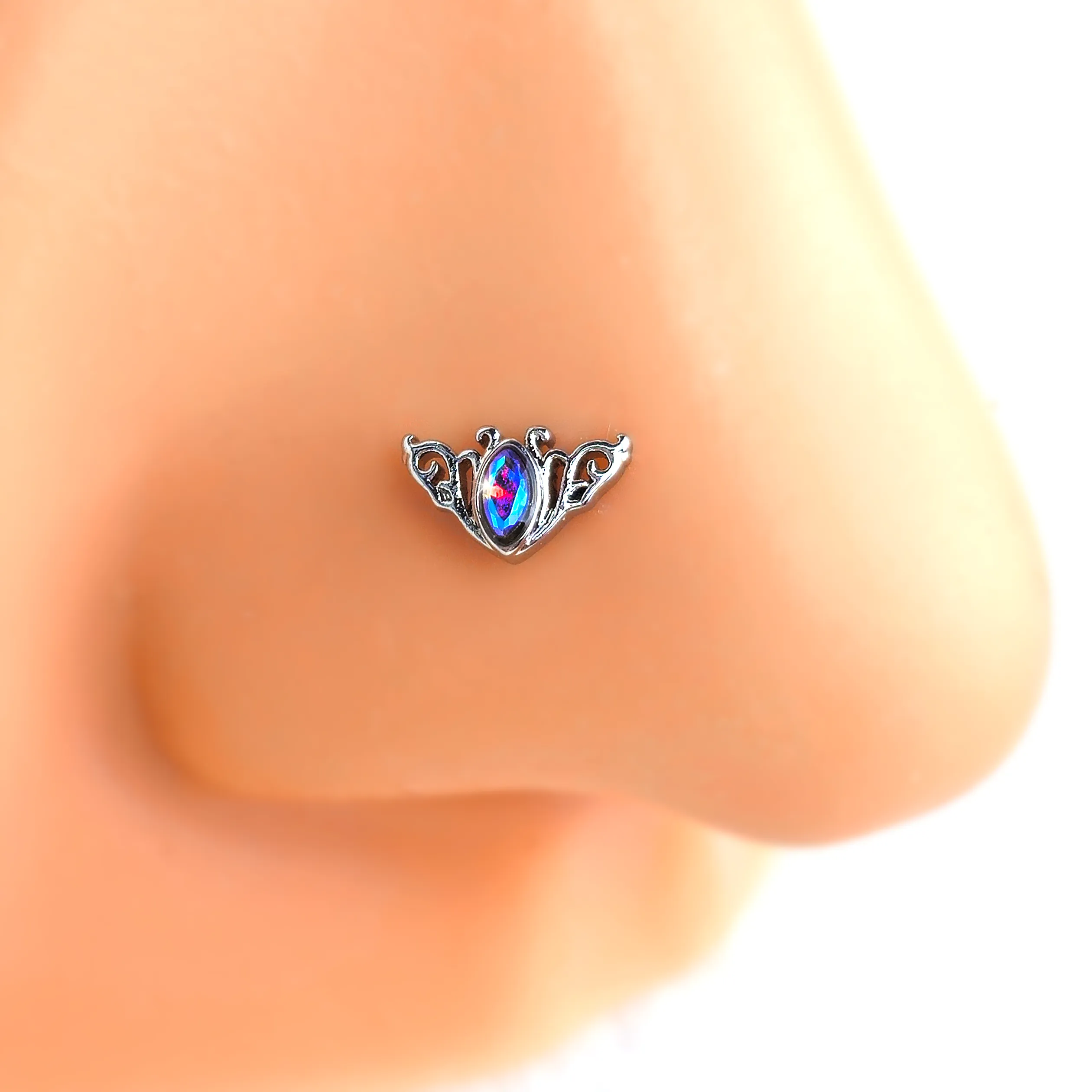 20 Gauge 7mm Aurora Gem Deco Waves L Shape Nose Ring