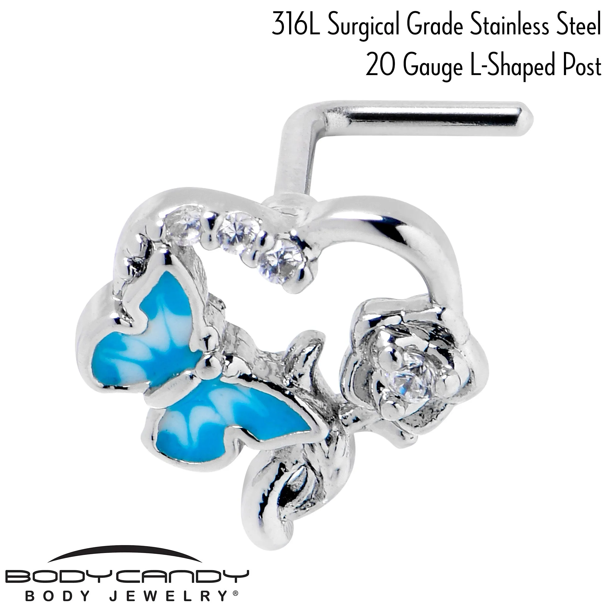20 Gauge 7mm Clear CZ Gem Butterfly Rose Flower Blue L Shape Nose Ring