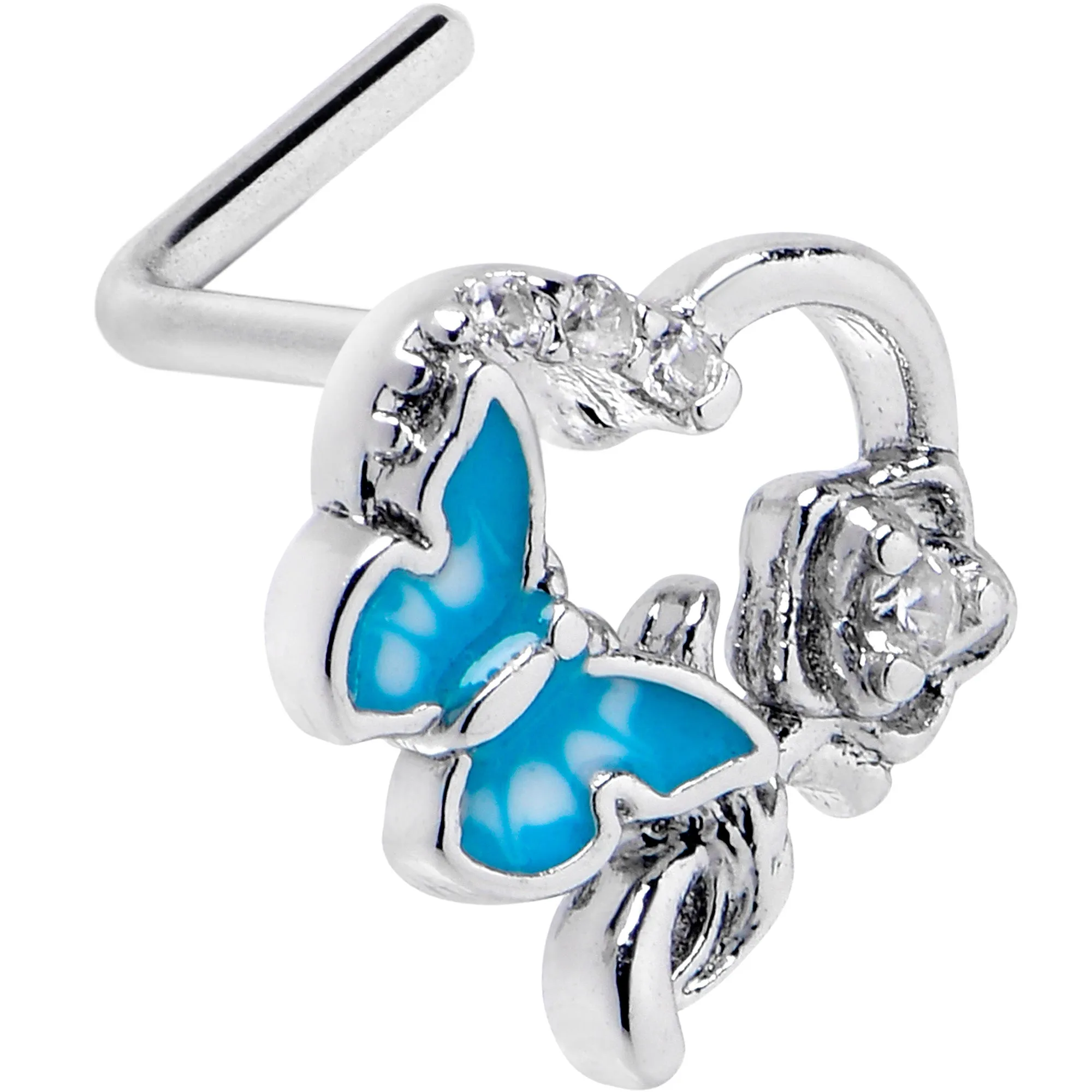 20 Gauge 7mm Clear CZ Gem Butterfly Rose Flower Blue L Shape Nose Ring