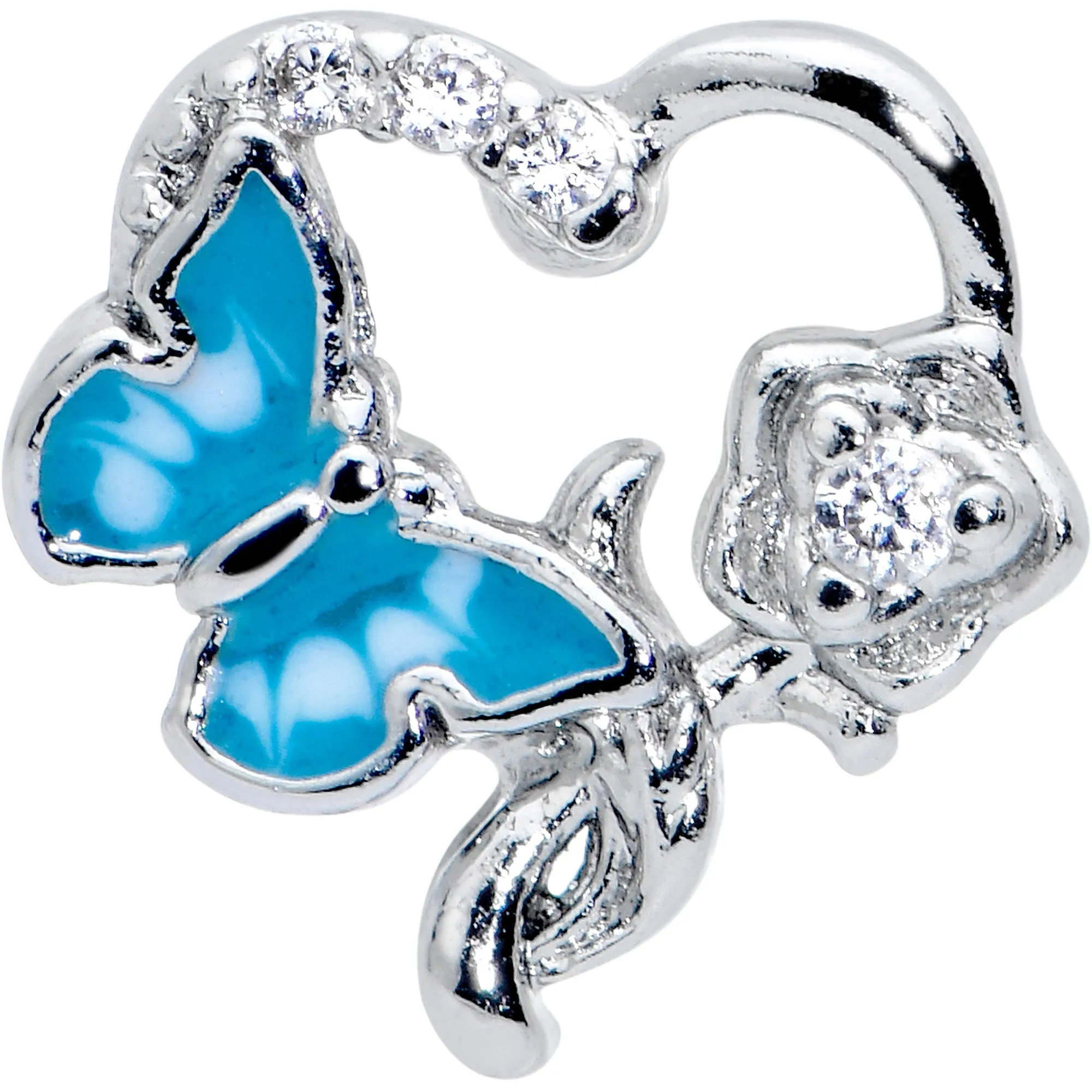 20 Gauge 7mm Clear CZ Gem Butterfly Rose Flower Blue L Shape Nose Ring