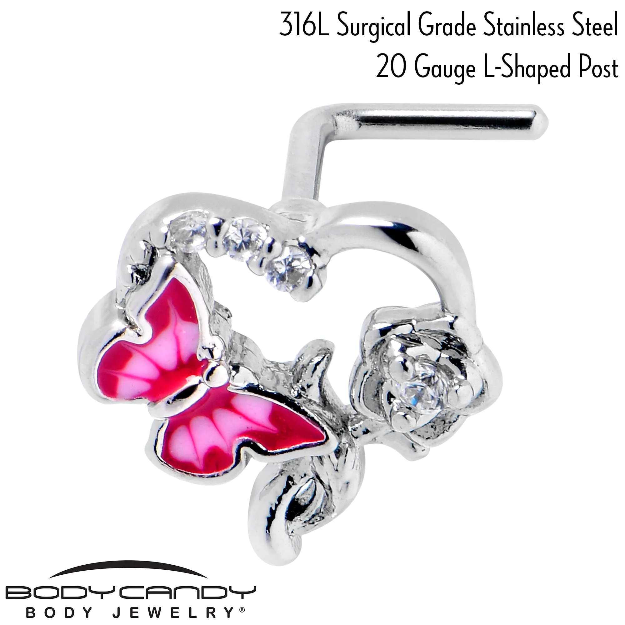 20 Gauge 7mm Clear CZ Gem Butterfly Rose Flower Pink L Shape Nose Ring