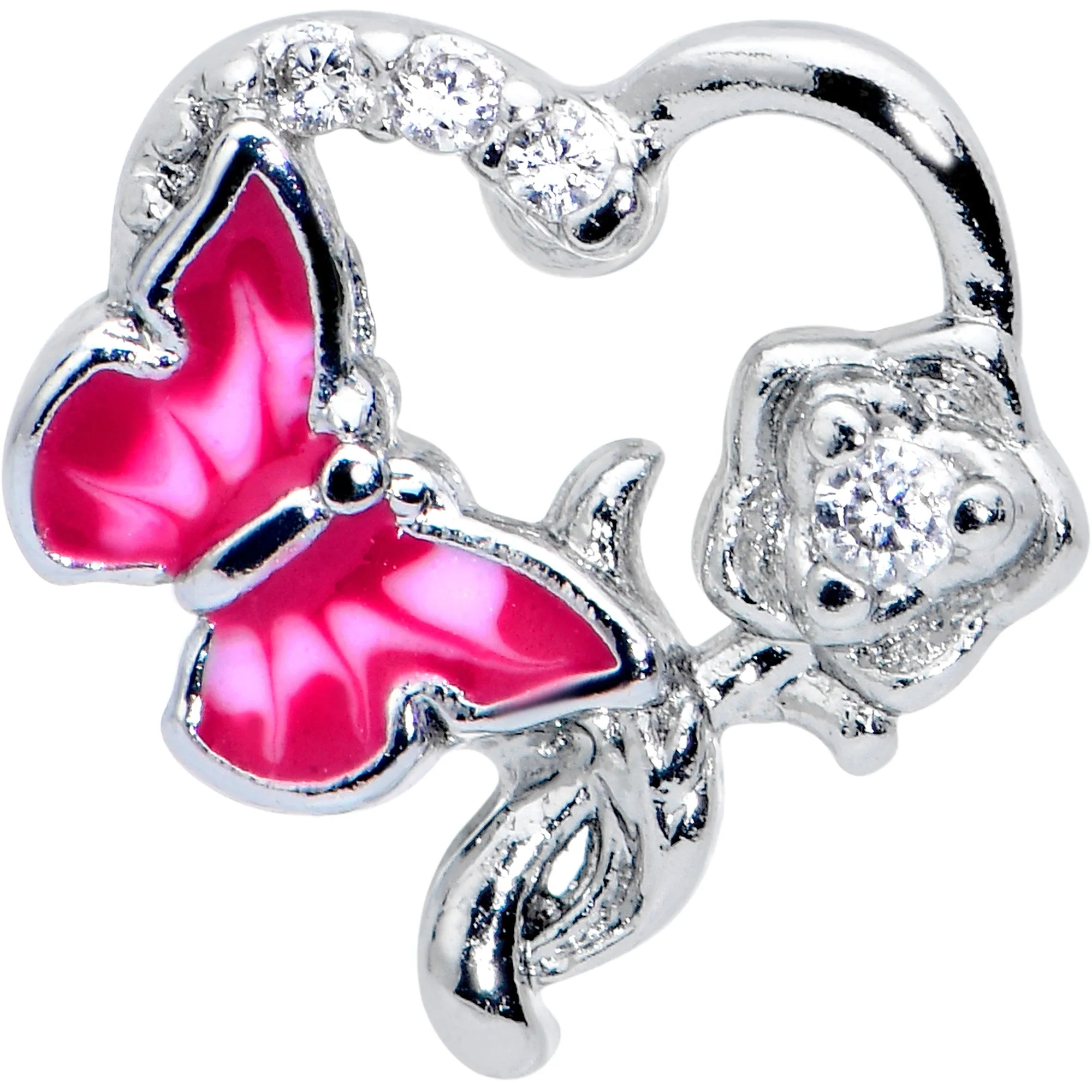 20 Gauge 7mm Clear CZ Gem Butterfly Rose Flower Pink L Shape Nose Ring