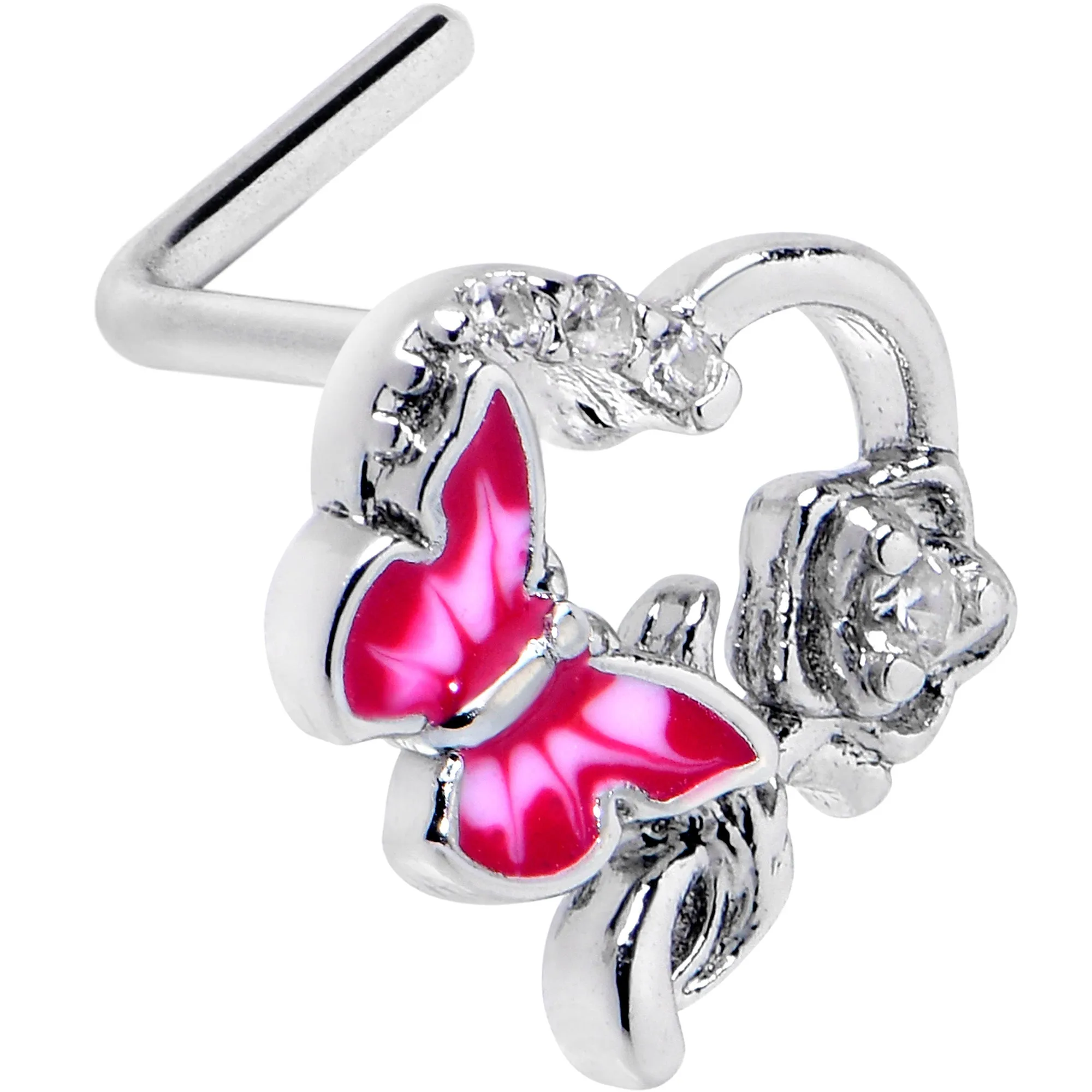20 Gauge 7mm Clear CZ Gem Butterfly Rose Flower Pink L Shape Nose Ring