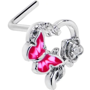 20 Gauge 7mm Clear CZ Gem Butterfly Rose Flower Pink L Shape Nose Ring