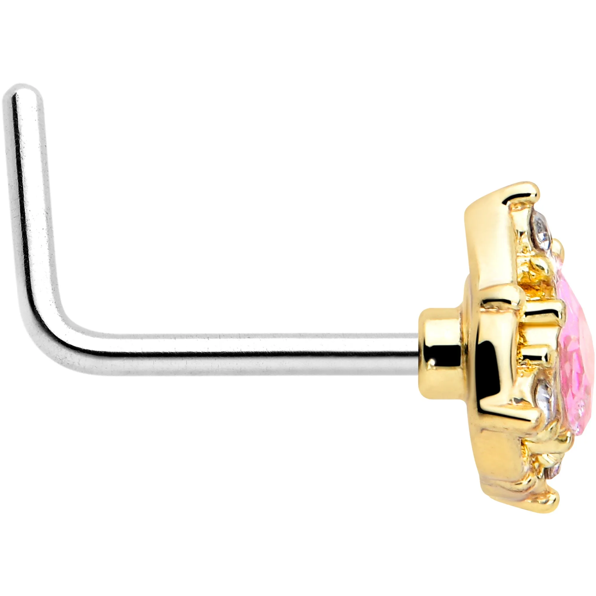 20 Gauge 7mm Pink Tourmaline Golden Wondrous Glamour L Shape Nose Ring