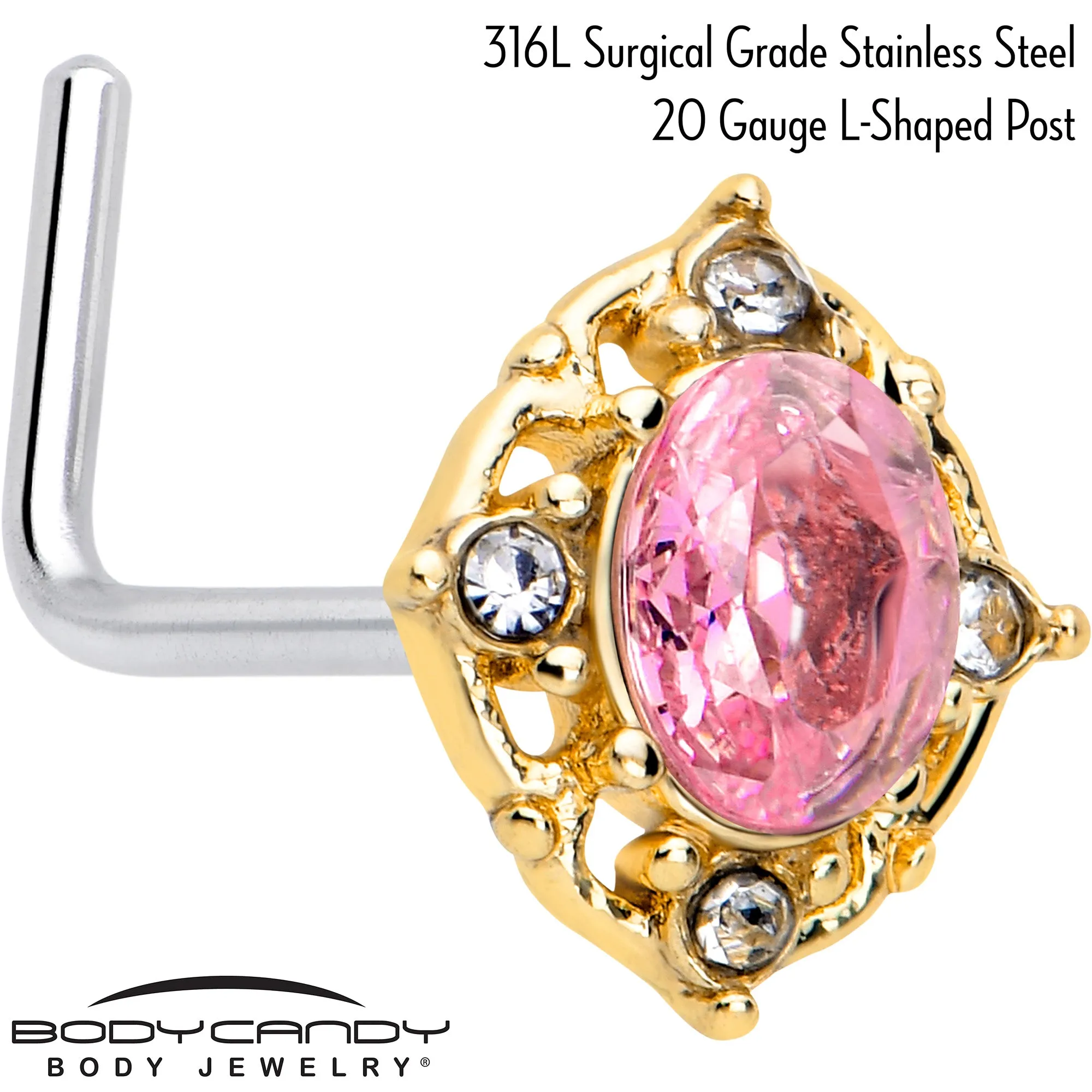 20 Gauge 7mm Pink Tourmaline Golden Wondrous Glamour L Shape Nose Ring