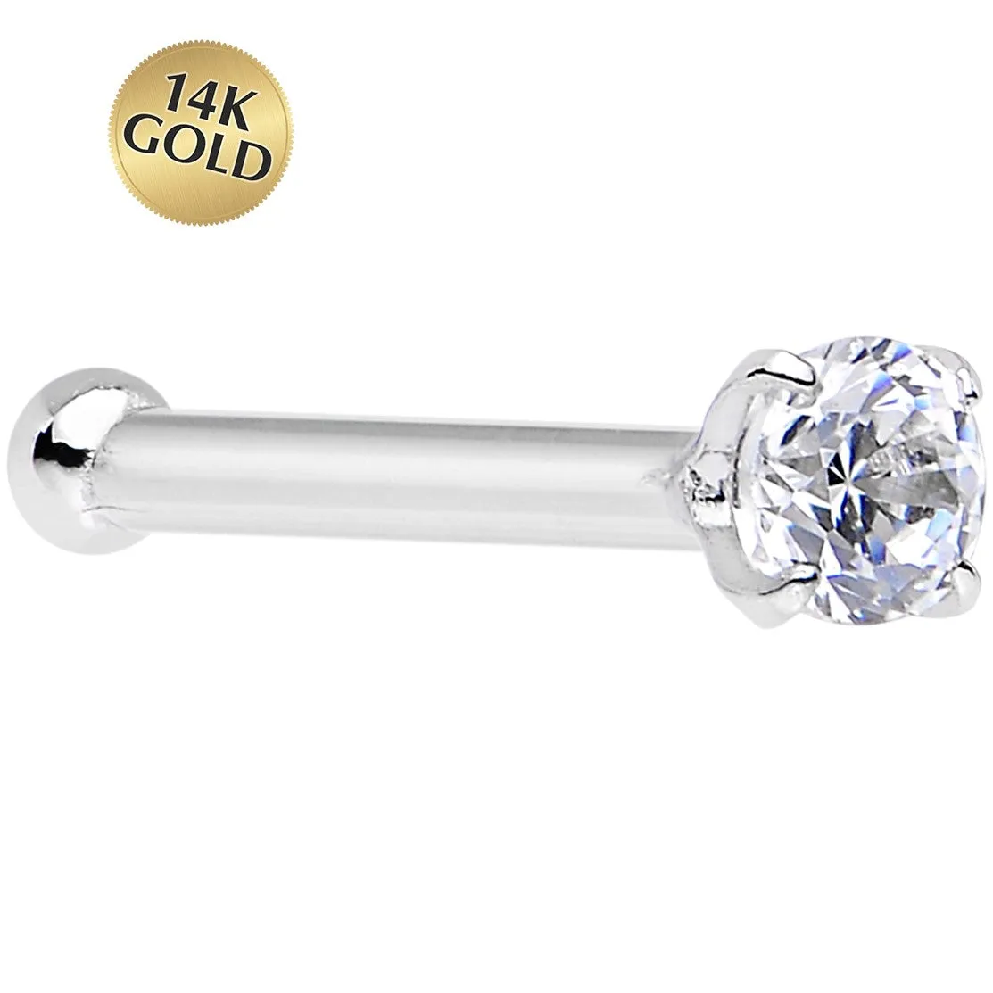 20 Gauge Solid 14KT White Gold 2mm Cubic Zirconia Nose Stud Ring